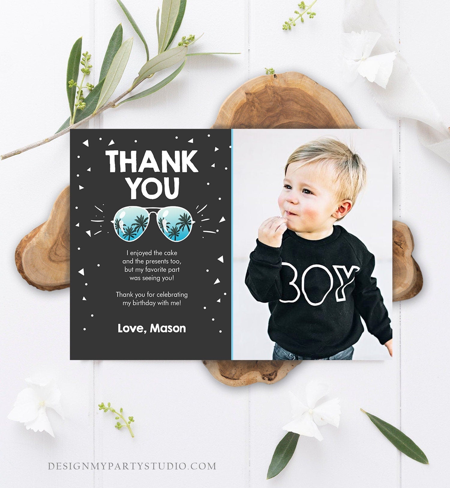 Editable Thank You Card Two Cool Birthday Boy Sunglasses Palm Second Birthday Party Note 2nd Chalk Photo Corjl Template Printable 0136