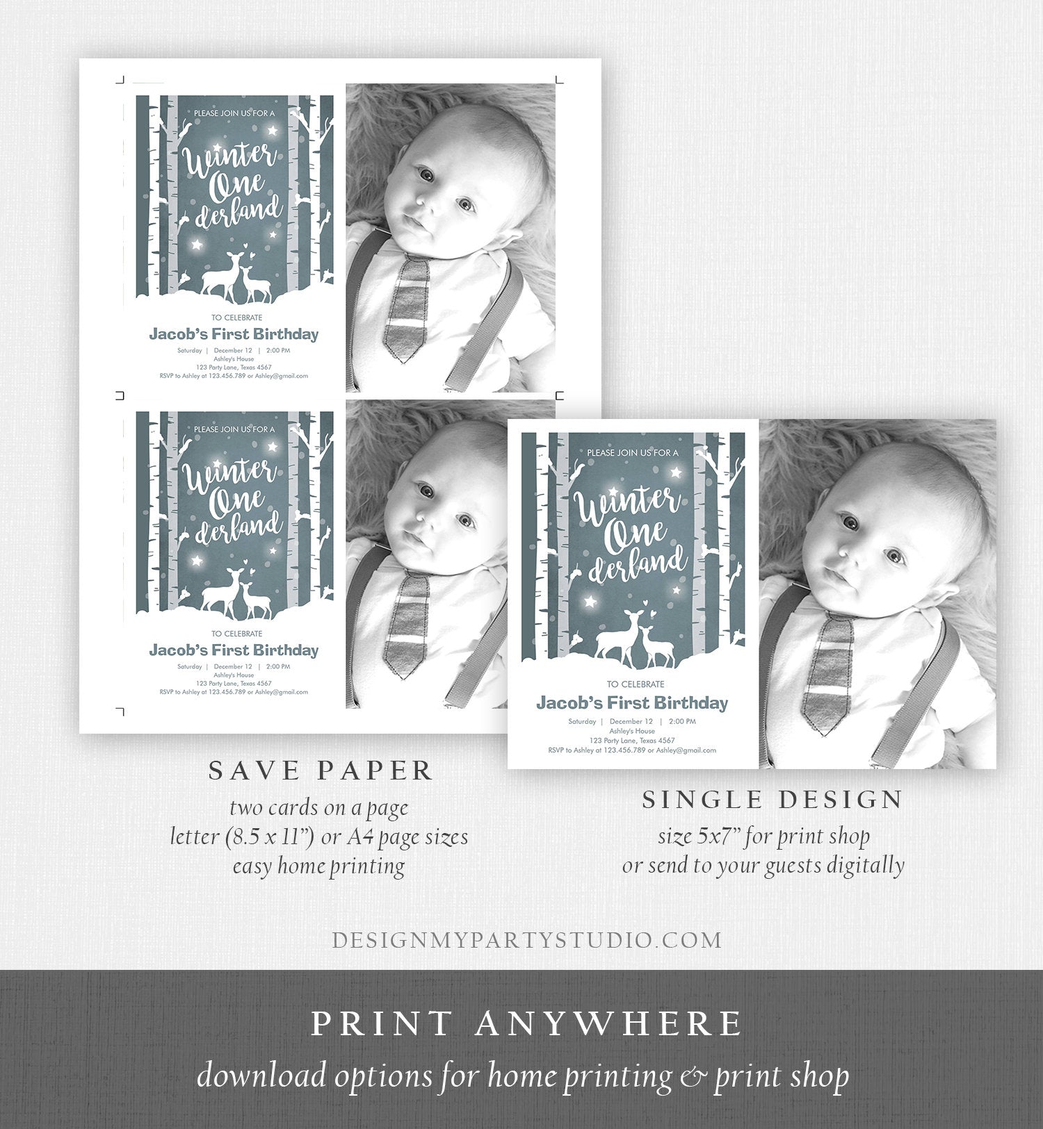 Editable Winter ONEderland Birthday Invitation Boy First Birthday Deer Trees Snowflakes Download Printable Invitation Template Corjl 0264