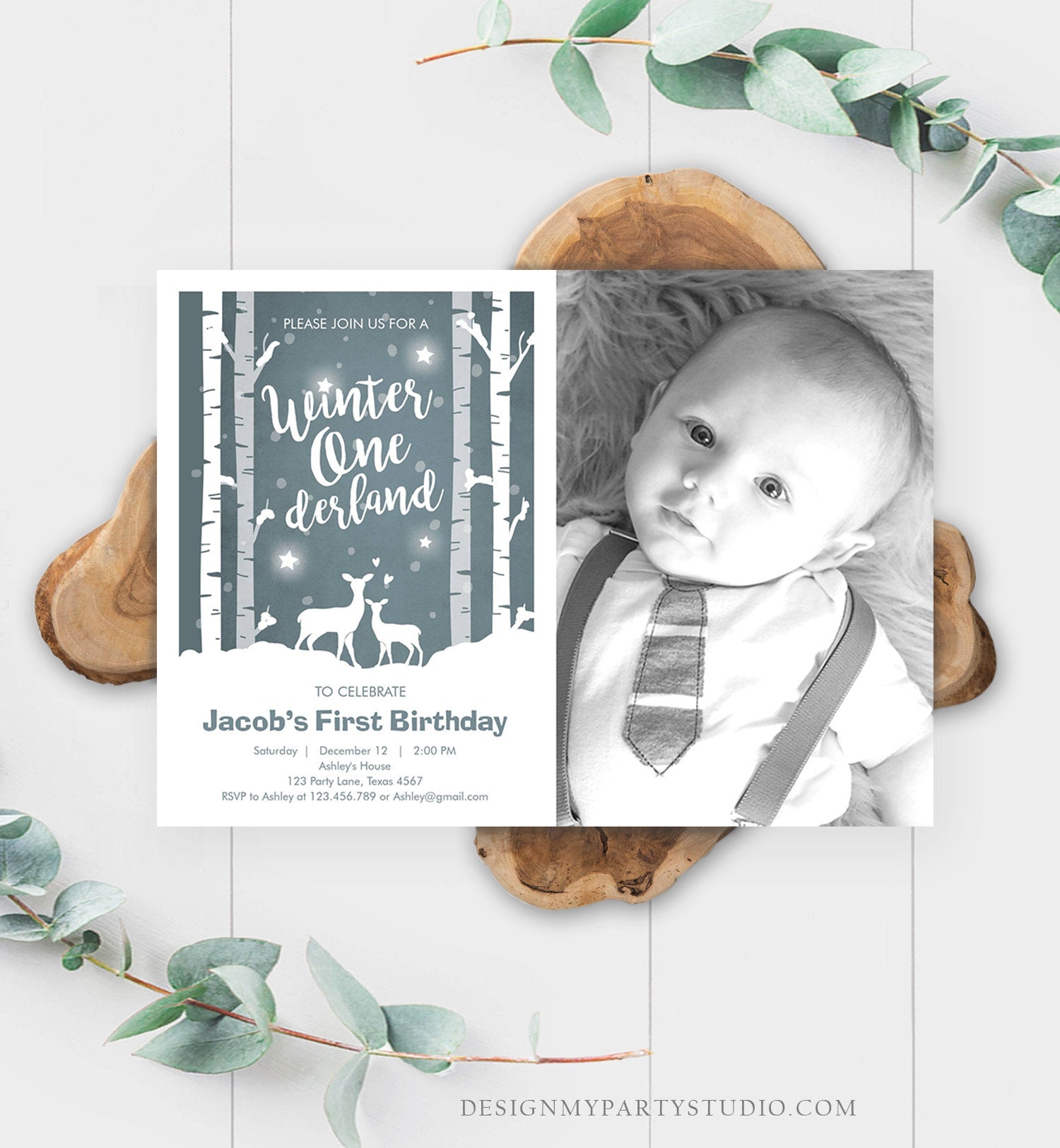 Editable Winter ONEderland Birthday Invitation Boy First Birthday Deer Trees Snowflakes Download Printable Invitation Template Corjl 0264