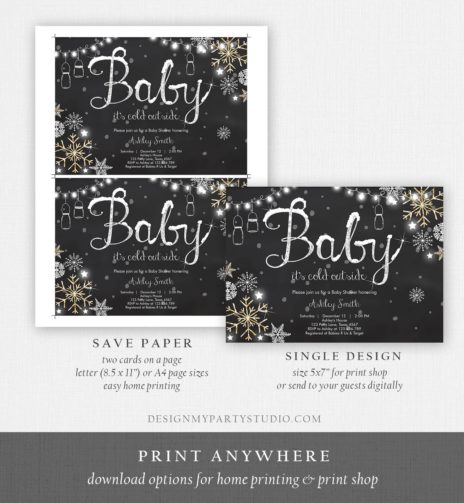 Editable Winter Baby Shower Invitation Baby Its Cold Outside Gender Neutral Silver Gold Glitter Snow Template Instant Download Corjl 0032