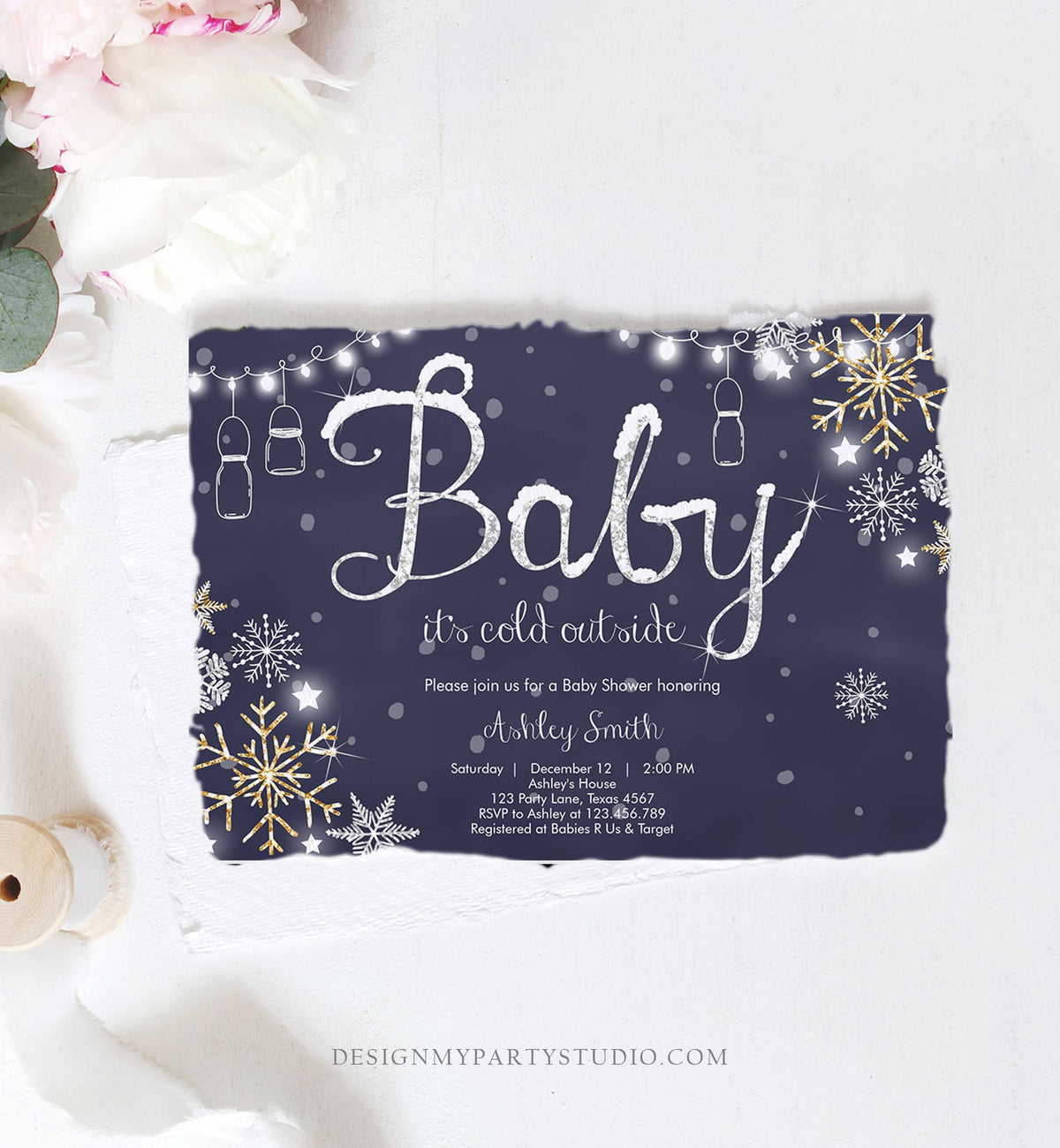 Editable Winter Baby Shower Invitation Baby Its Cold Outside Gender Neutral Silver Gold Glitter Snow Template Instant Download Corjl 0032