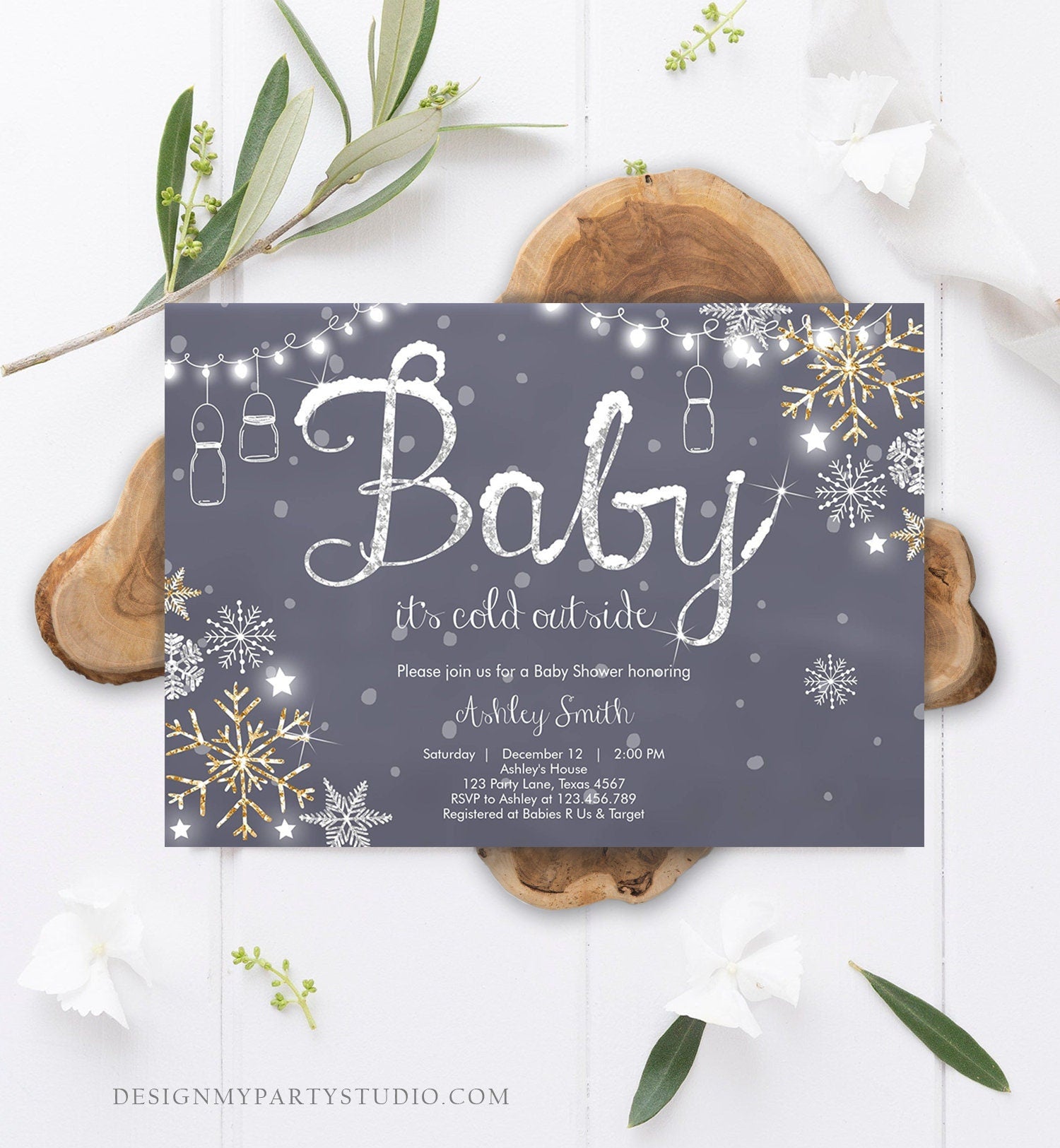 Editable Winter Baby Shower Invitation Baby Its Cold Outside Gender Neutral Silver Gold Glitter Snow Template Instant Download Corjl 0032