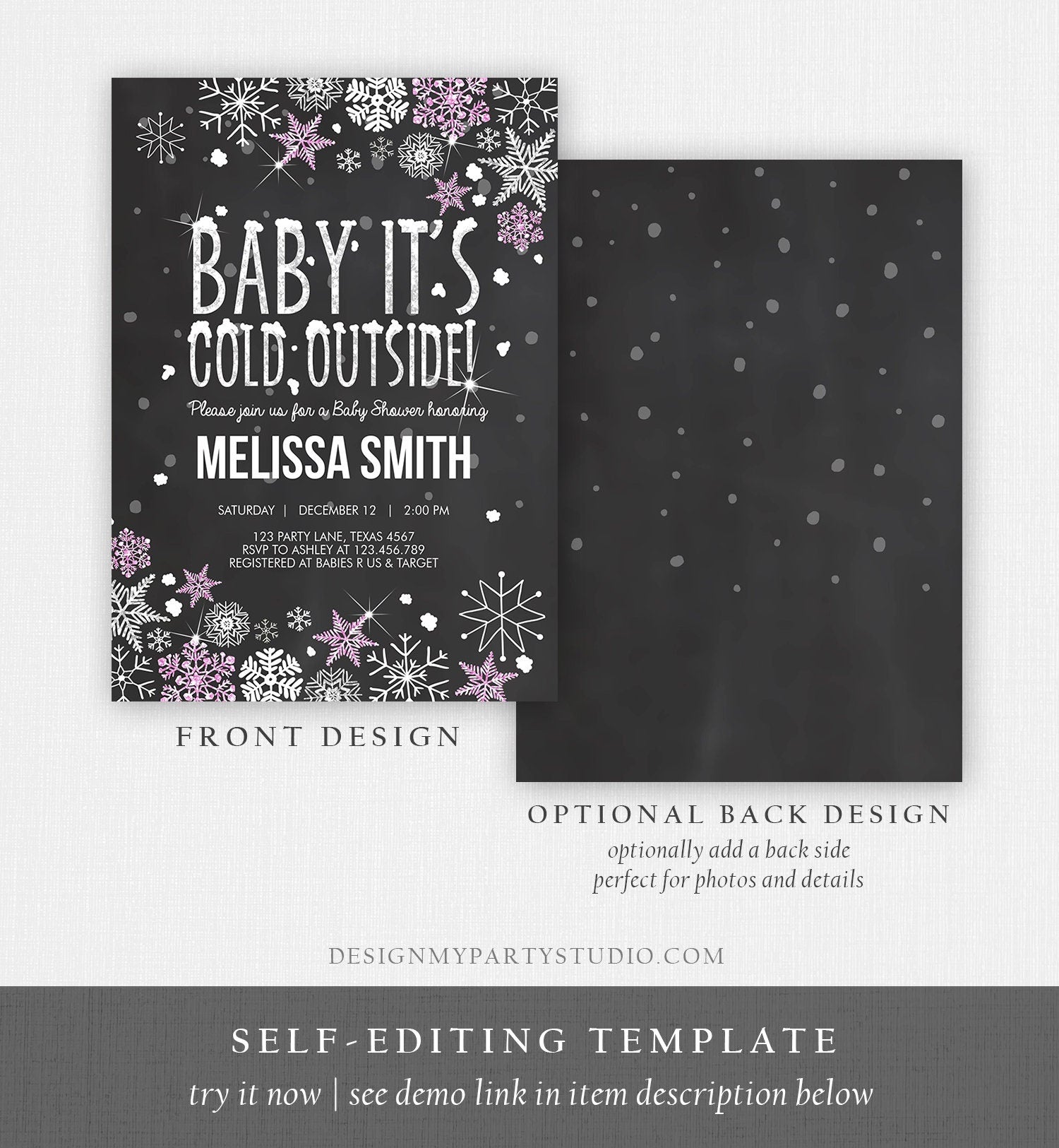 Editable Winter Baby Shower Invitation Baby Its Cold Outside Pink Silver Girl Winter Snow Invitation Template Download Digital Corjl 0033