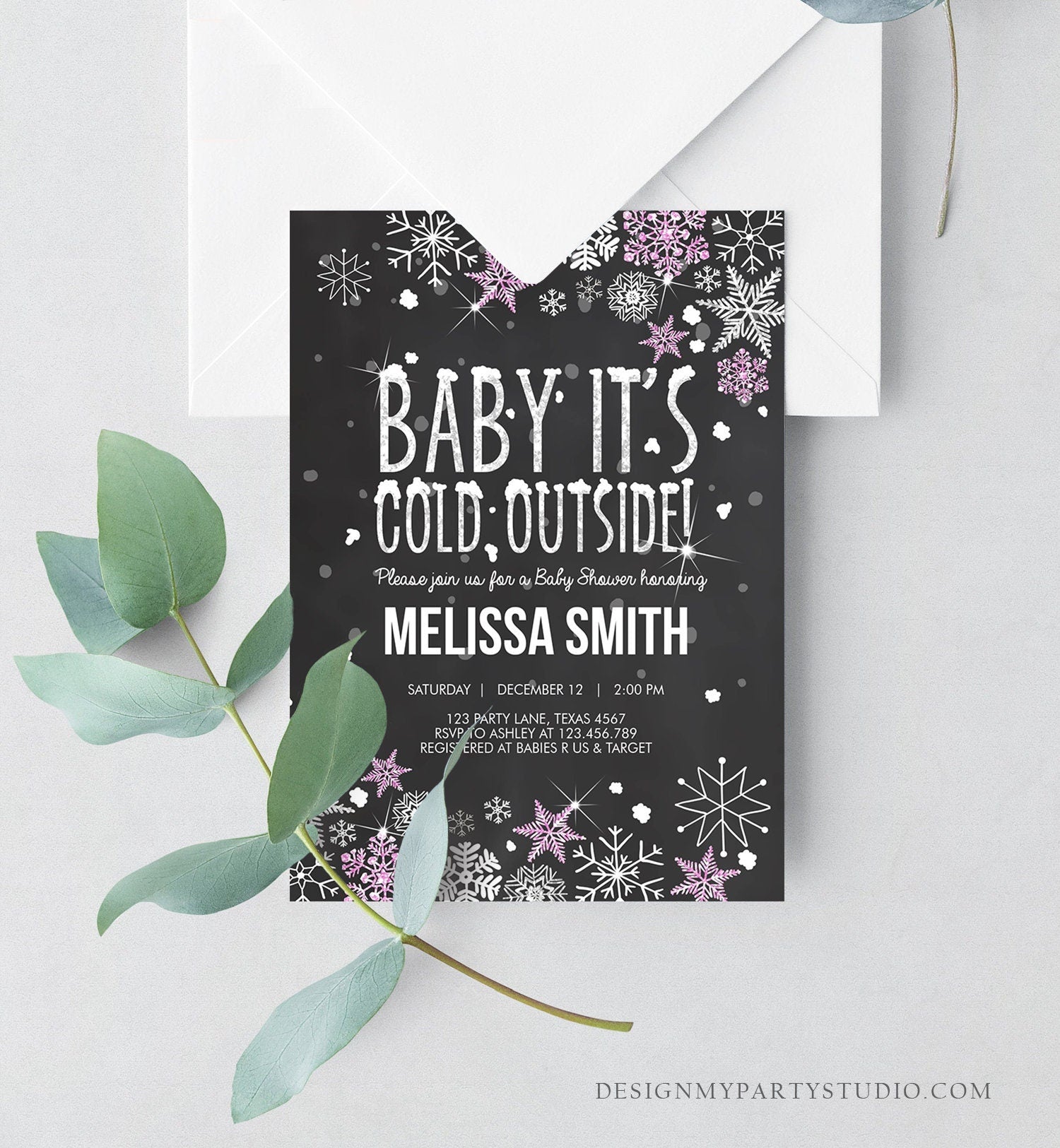 Editable Winter Baby Shower Invitation Baby Its Cold Outside Pink Silver Girl Winter Snow Invitation Template Download Digital Corjl 0033