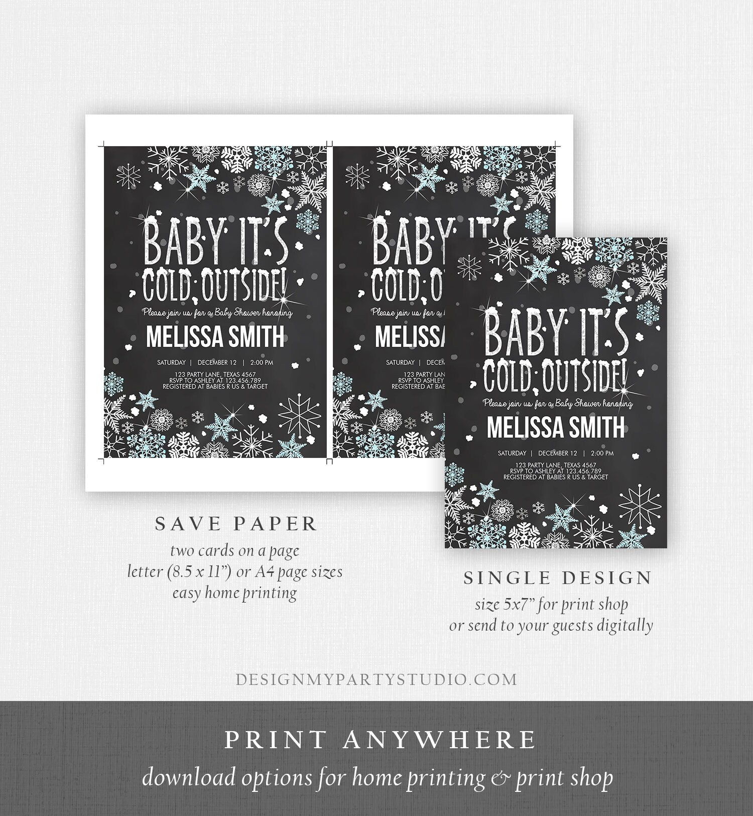 Editable Winter Baby Shower Invitation Baby Its Cold Outside Blue Silver Glitter Boy Winter Snow Template Download Digital Corjl 0033