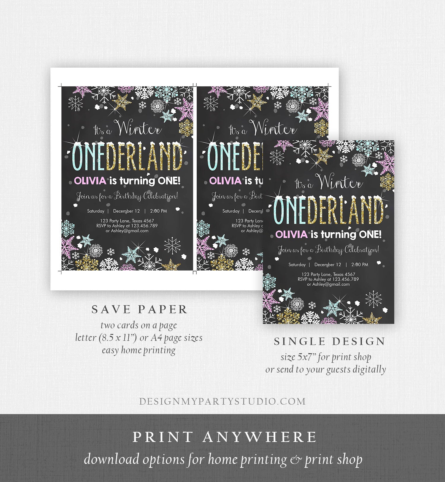 Editable Winter ONEderland Invitation Girl First Birthday Snowflake Pink Mint Gold Glitter Download Printable Invitation Template Corjl 0033