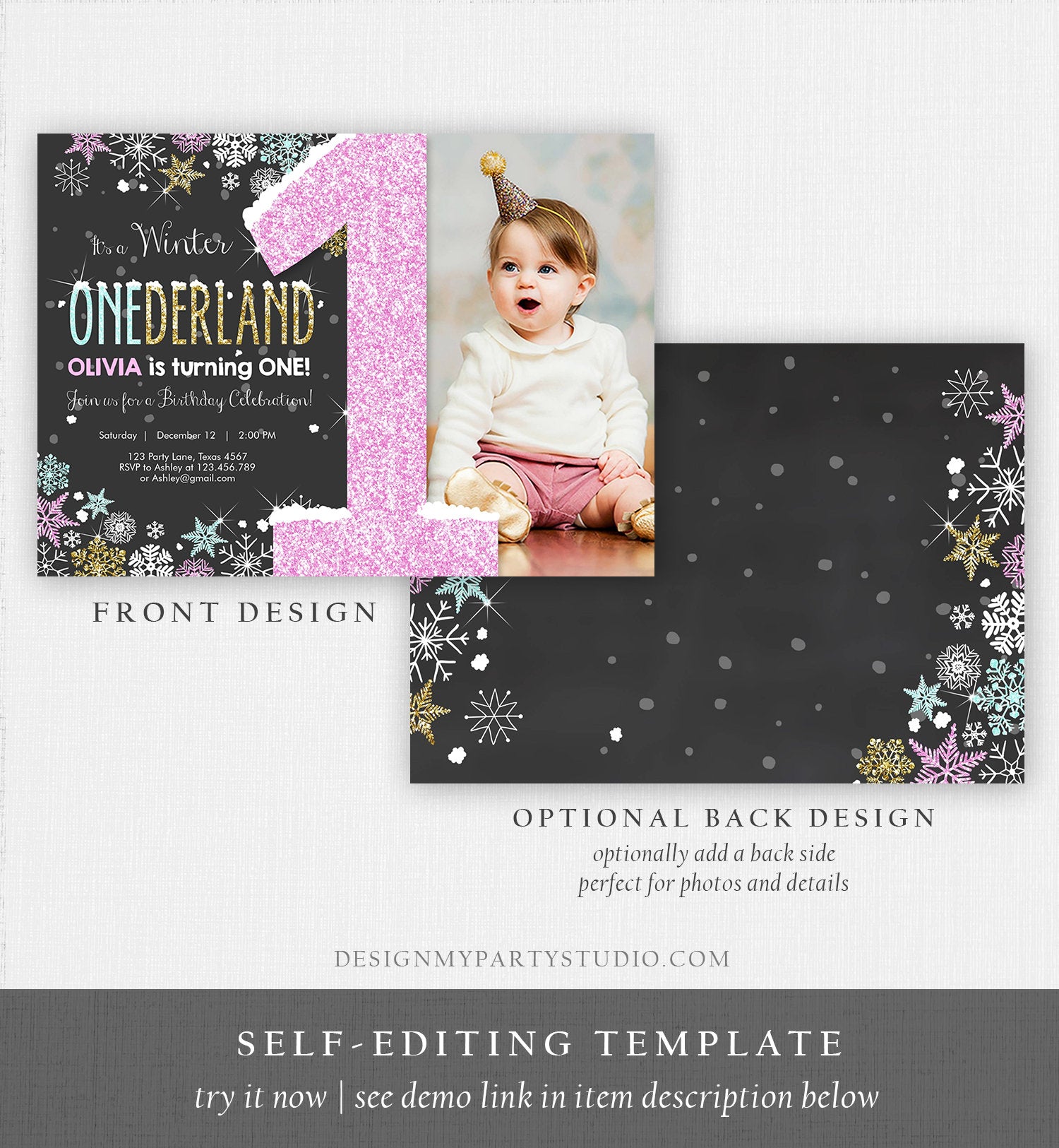 Editable Winter ONEderland Invitation Girl First Birthday Snowflake Pink Mint Gold Glitter Download Printable Invitation Template Corjl 0033