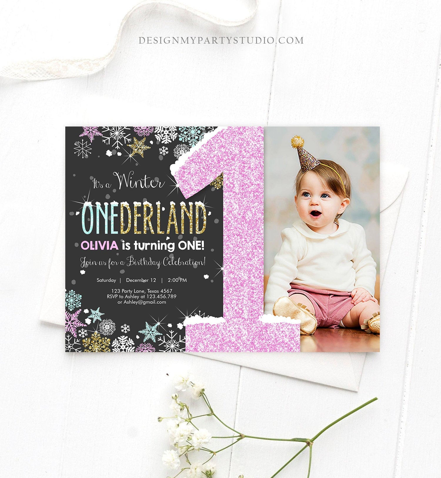 Editable Winter ONEderland Invitation Girl First Birthday Snowflake Pink Mint Gold Glitter Download Printable Invitation Template Corjl 0033