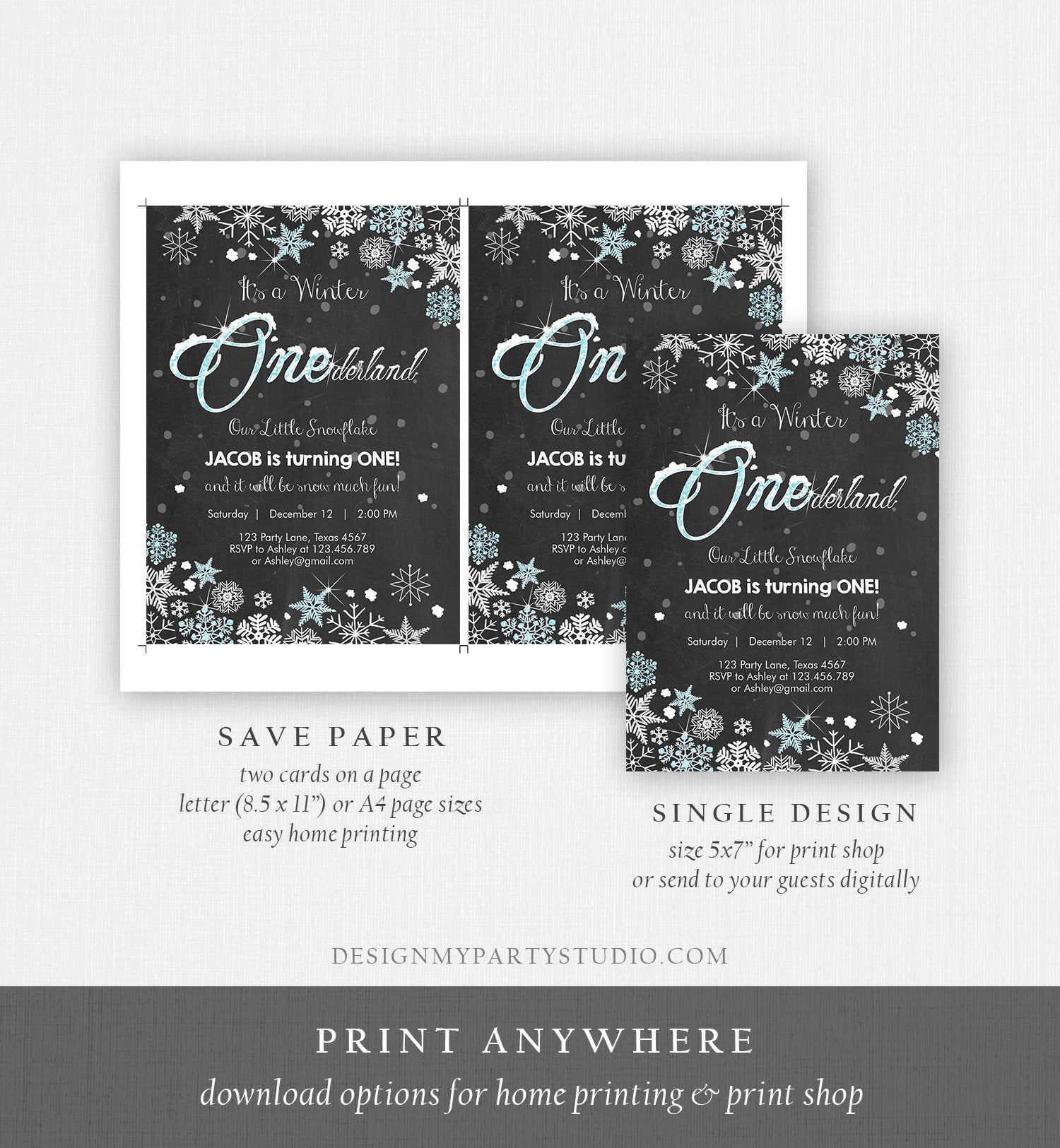 Editable Winter ONEderland Birthday Invitation First Birthday Snowflake Boy Blue Silver Download Printable Invite Template Corjl 0033