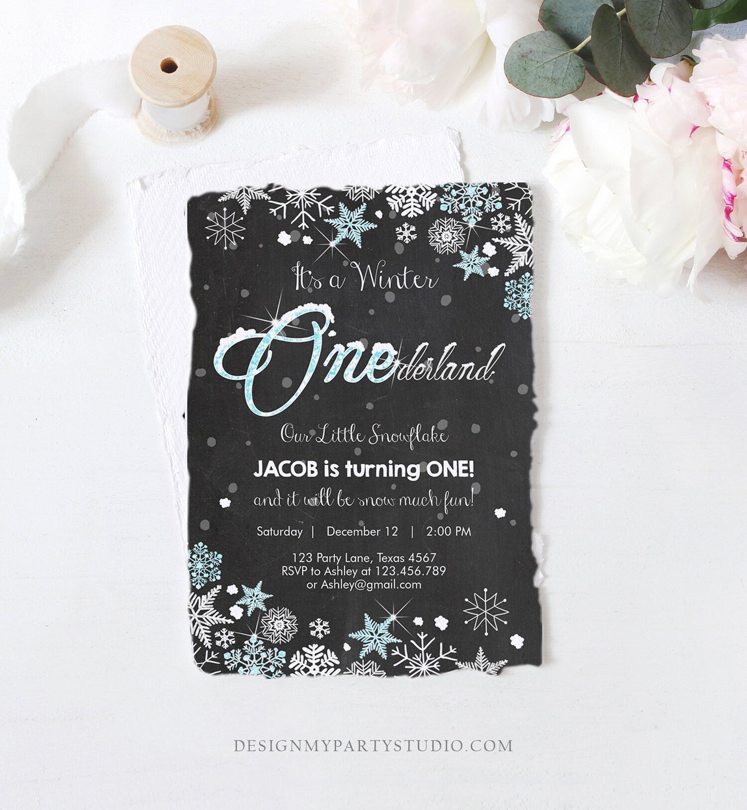 Editable Winter ONEderland Birthday Invitation First Birthday Snowflake Boy Blue Silver Download Printable Invite Template Corjl 0033