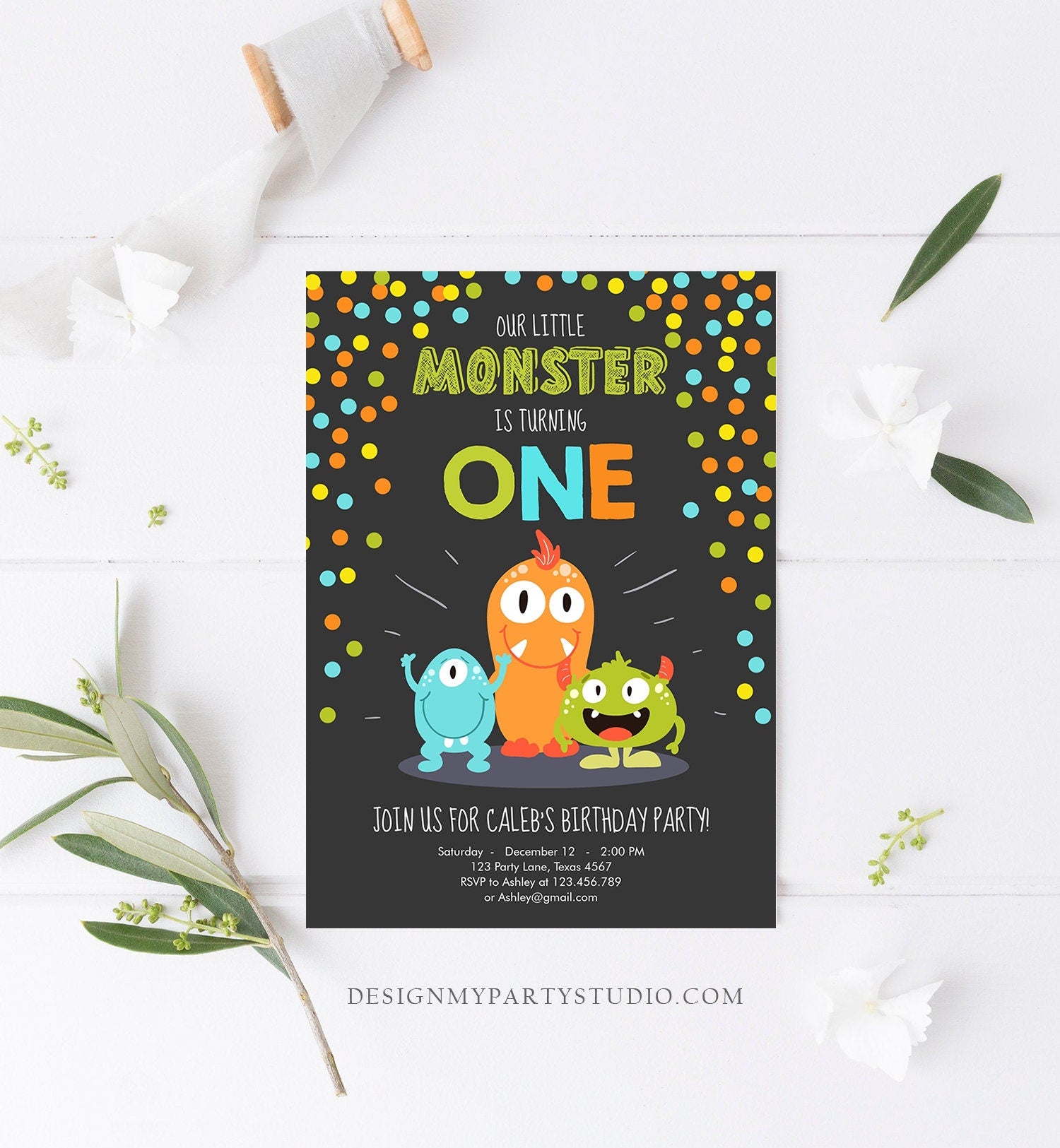 Editable Little Monster Birthday Invitation First Birthday Party Monsters Boy Confetti 1st Orange Blue Chalk Printable Corjl Template 0058