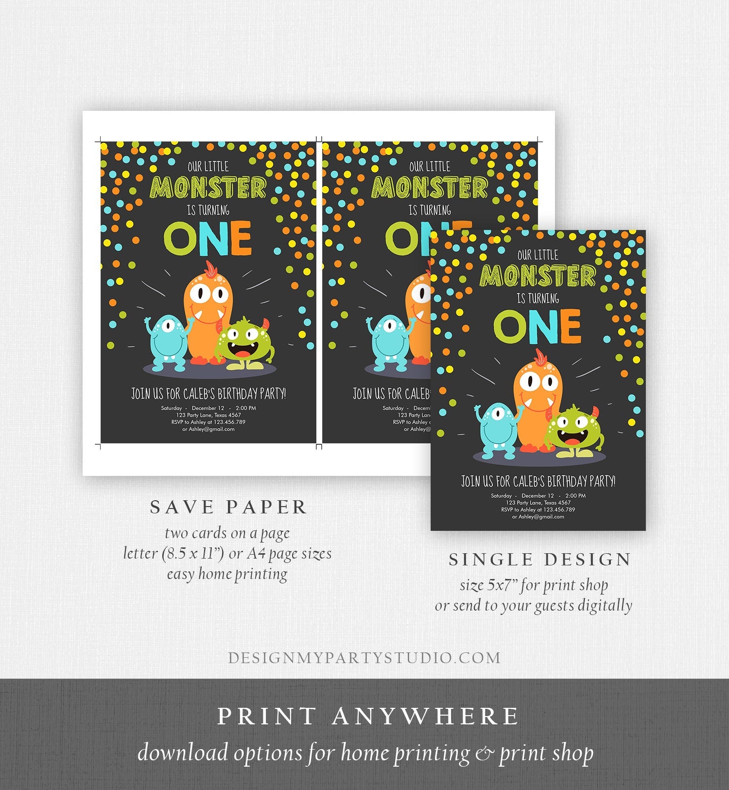 Editable Little Monster Birthday Invitation First Birthday Party Monsters Boy Confetti 1st Orange Blue Chalk Printable Corjl Template 0058