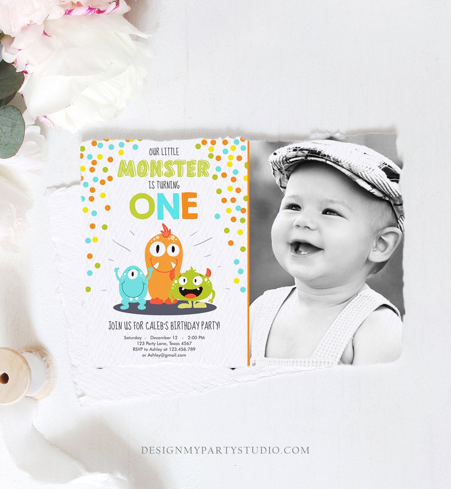 Editable Little Monster Birthday Invitation First Birthday Party Monsters Boy Confetti 1st Orange Blue Photo Printable Corjl Template 0058