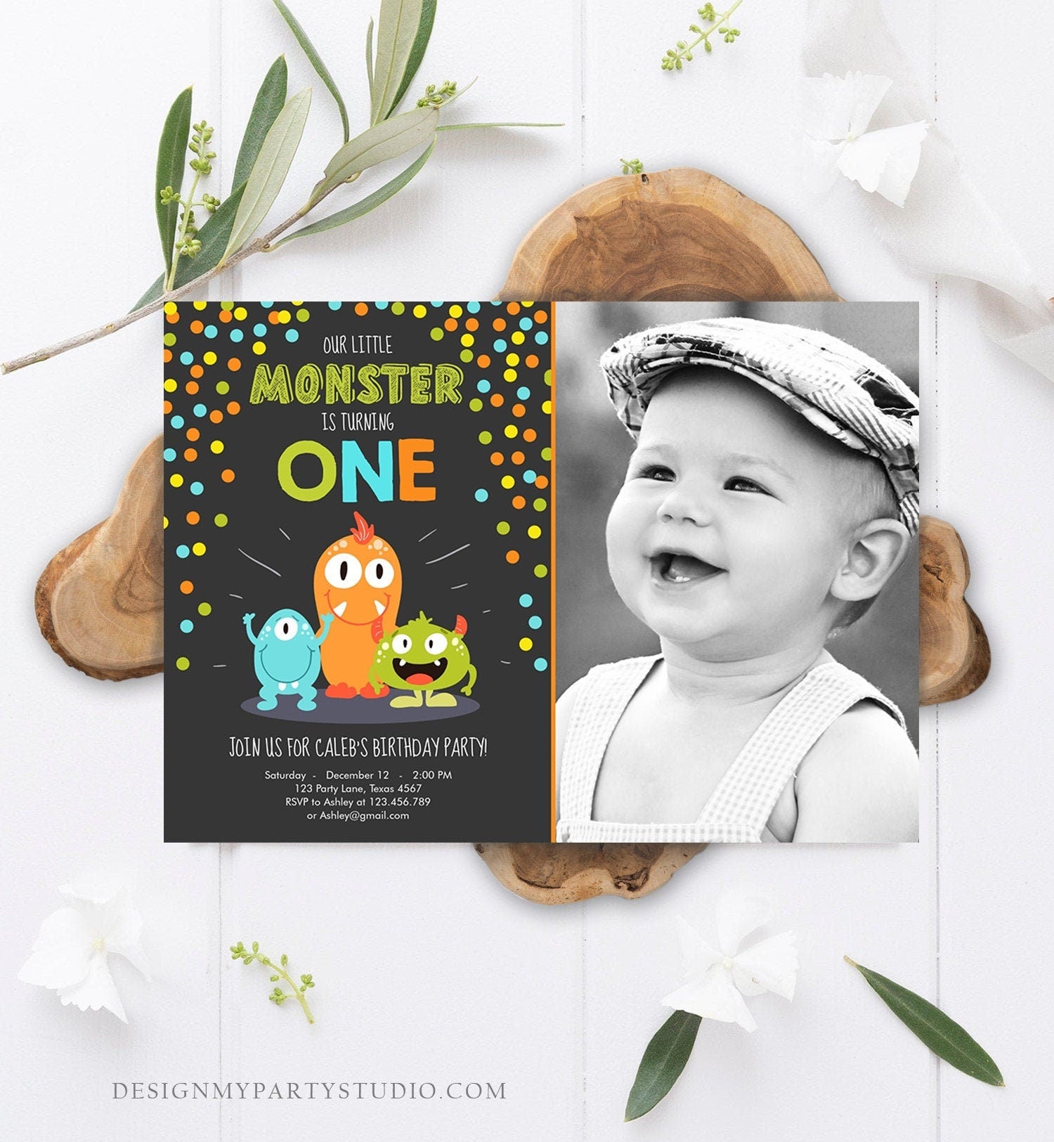 Editable Little Monster Birthday Invitation First Birthday Party Monsters Boy Confetti 1st Orange Blue Photo Printable Corjl Template 0058