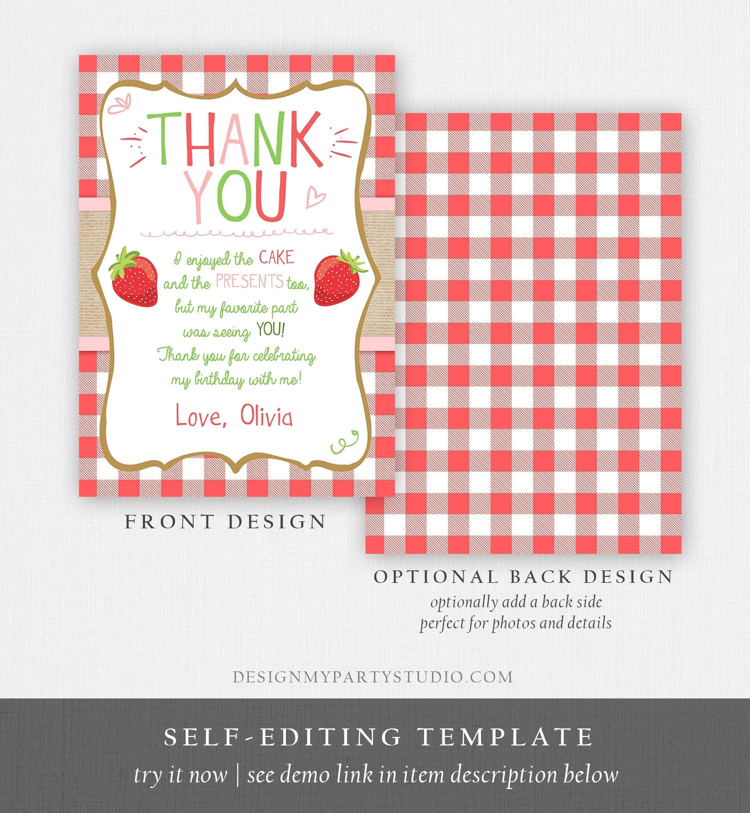 Editable Strawberry Thank You Card Birthday Strawberry First Birthday Girl Summer Fruit Berry Sweet Download Printable Template Corjl 0091