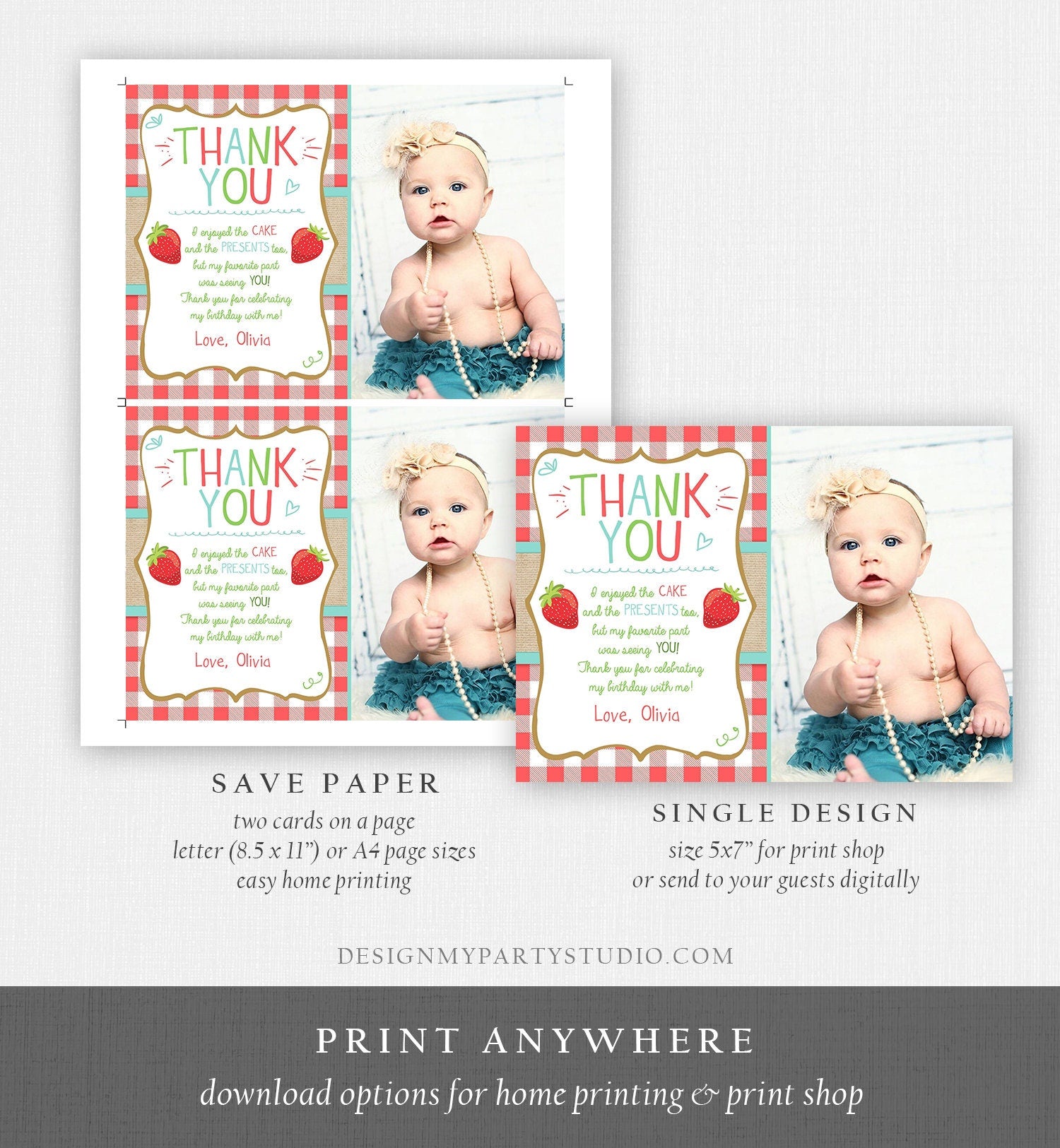 Editable Strawberry Thank You Card Birthday Strawberry First Birthday Girl Farmers Market Berry Sweet Download Printable Template Corjl 0091