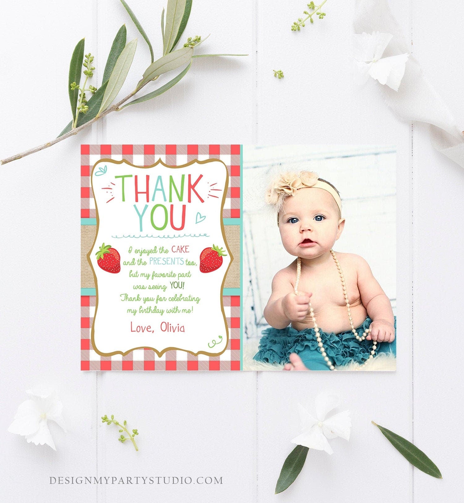 Editable Strawberry Thank You Card Birthday Strawberry First Birthday Girl Farmers Market Berry Sweet Download Printable Template Corjl 0091