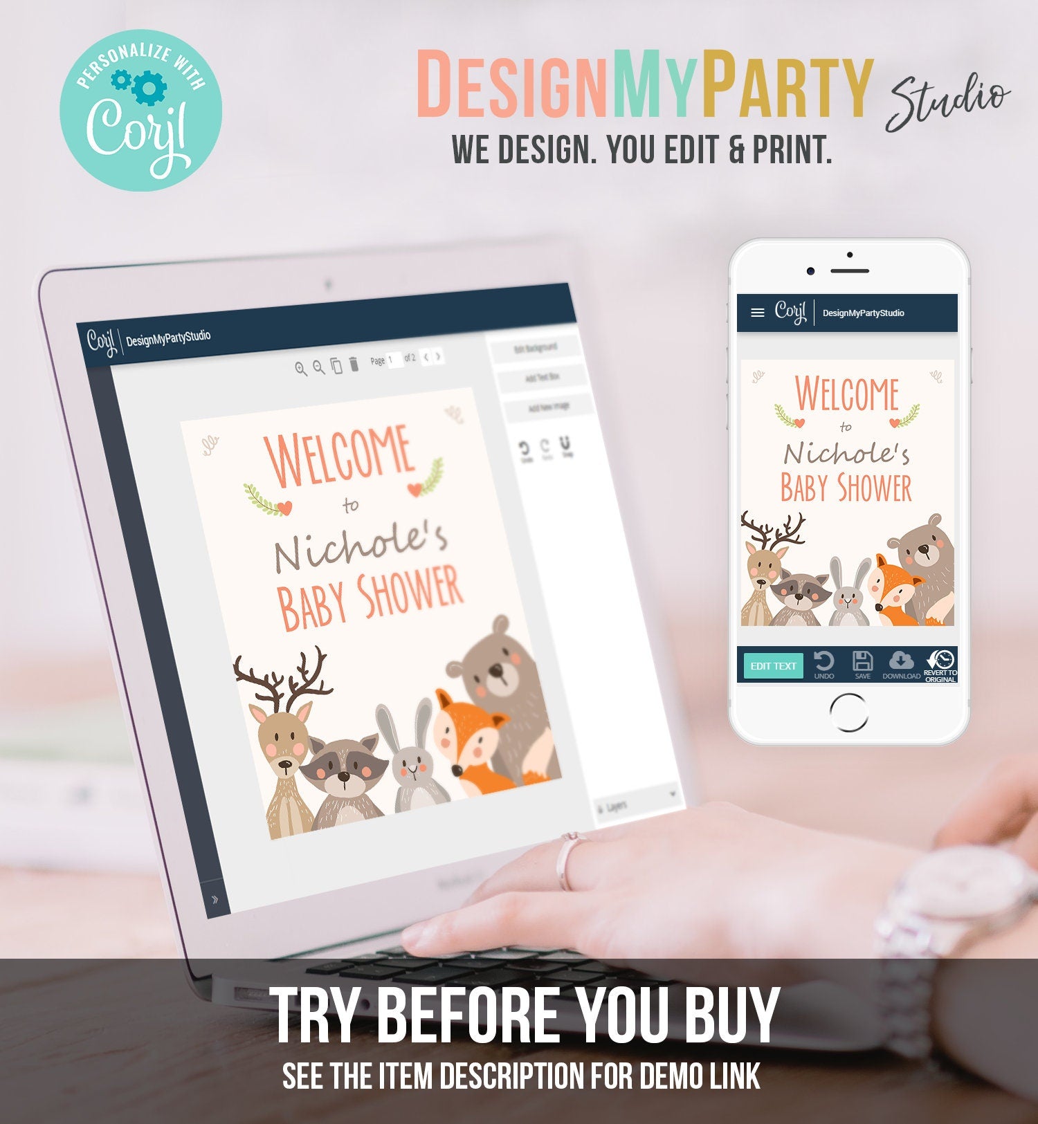 Editable Woodland Welcome Sign Woodland Baby Shower Welcome Sign Rustic Bear Fox Forest Animals Birthday Template PRINTABLE Corjl 0010