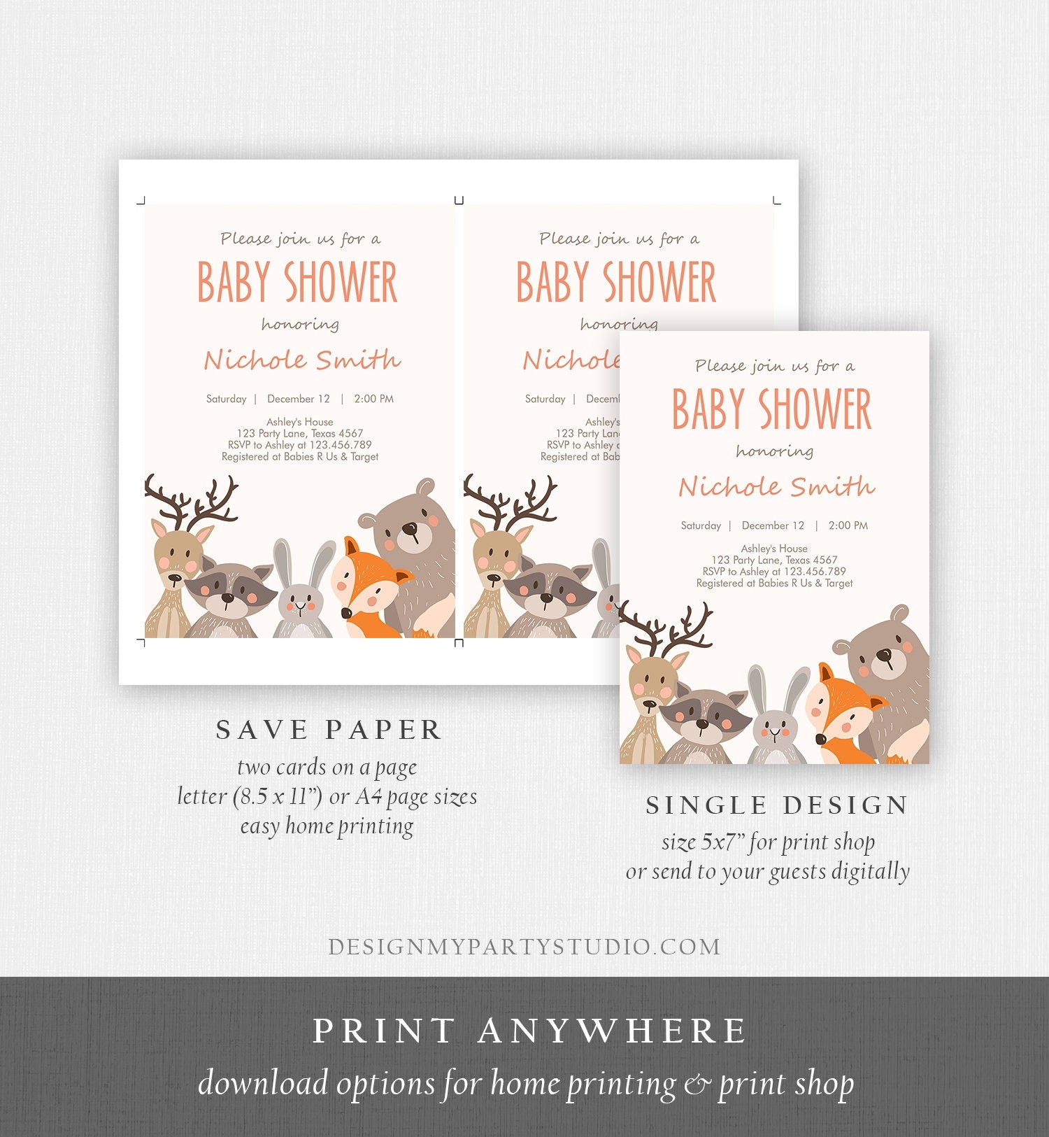 Editable Baby shower invitation Woodland Forest Animals Cute Animals Gender Neutral Bear Fox Invitation Template Download Digital Corjl 0010