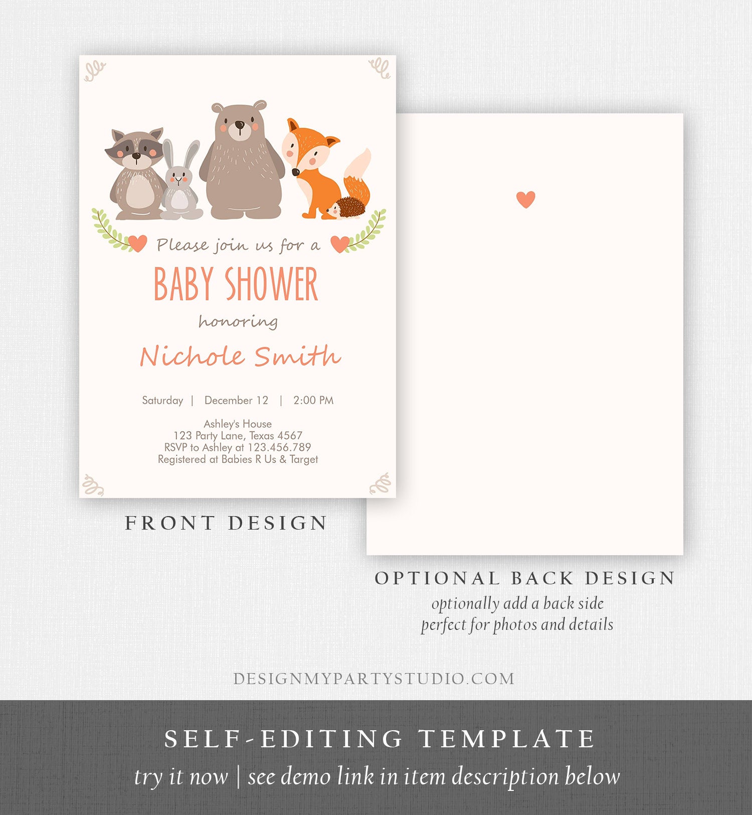 Editable Baby shower invitation Woodland Forest Animals Cute Animals Gender Neutral Bear Fox Invitation Template Download Digital Corjl 0010