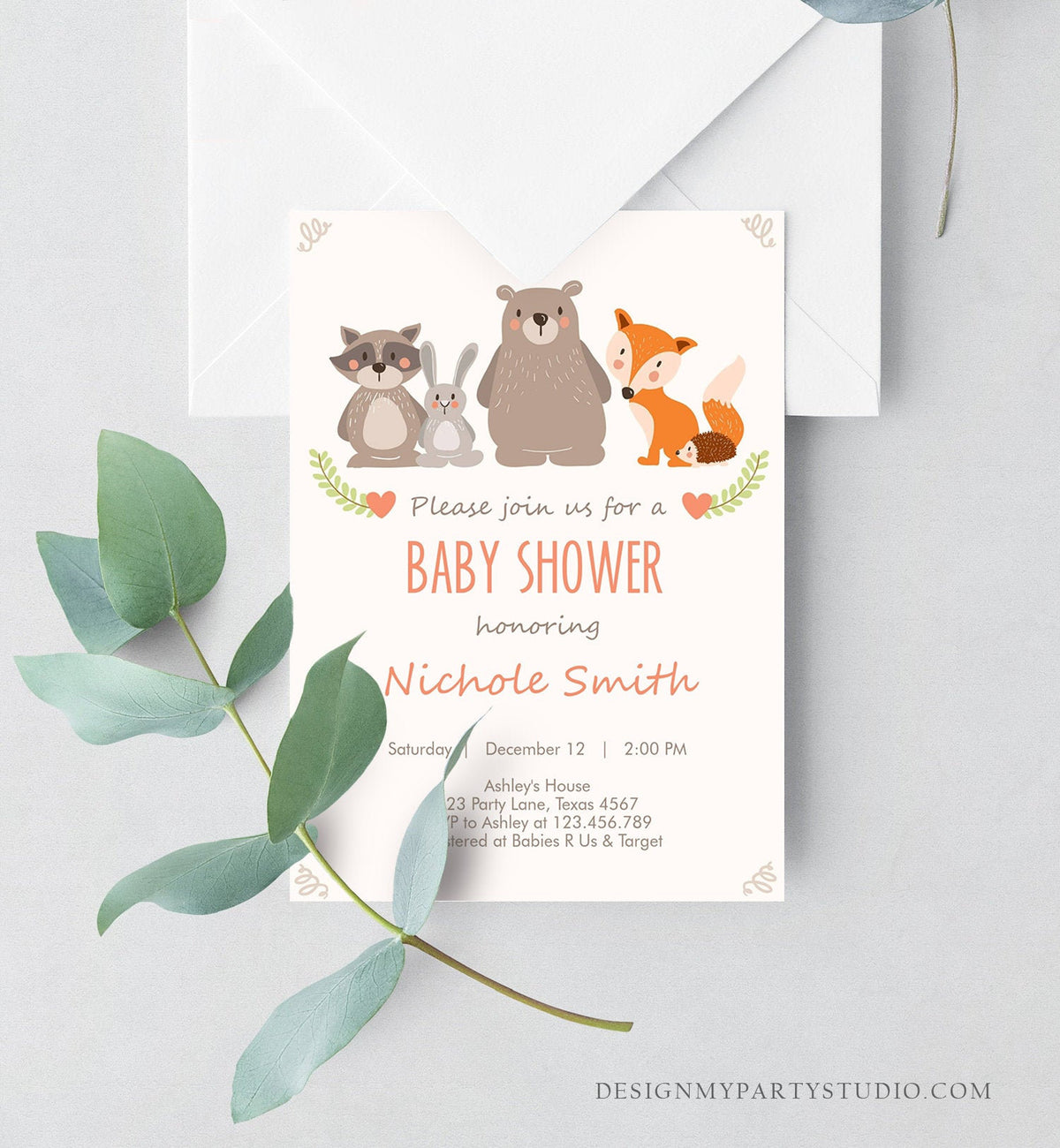 Editable Baby shower invitation Woodland Forest Animals Cute Animals Gender Neutral Bear Fox Invitation Template Download Digital Corjl 0010