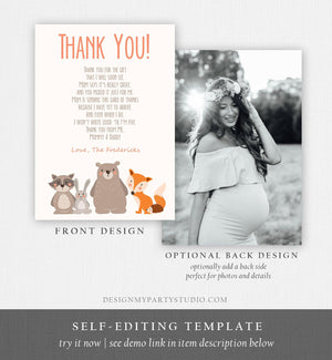 Editable Baby shower Thank you note Woodland Thank You Rustic Cute Animals Forest Gender Neutral Template Instant Download Corjl 0010