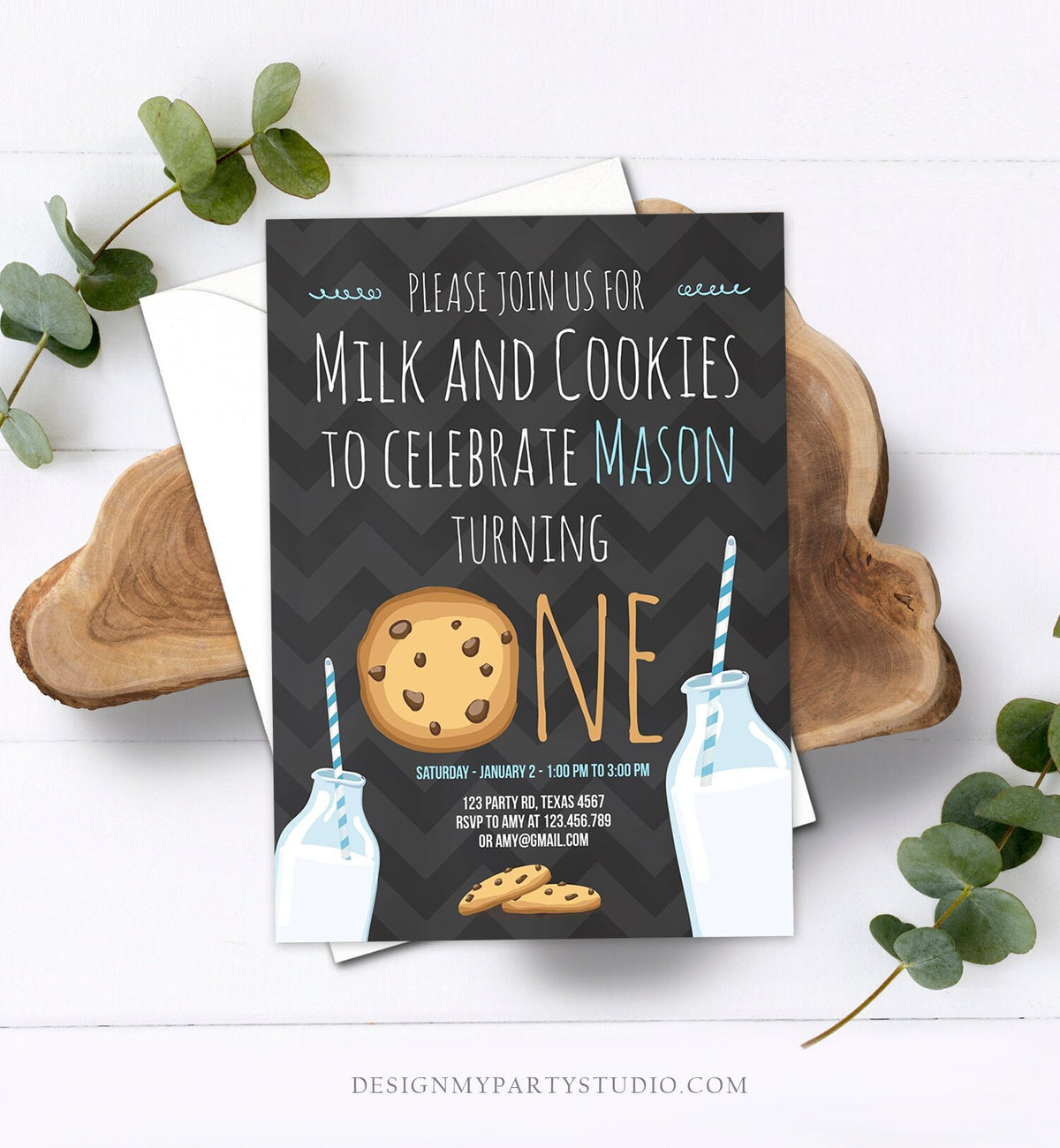 Editable Milk and Cookies Birthday Invitation Milk &amp; Cookies Party Boy Birthday Blue First Birthday Printable Invitation Template Corjl 0088