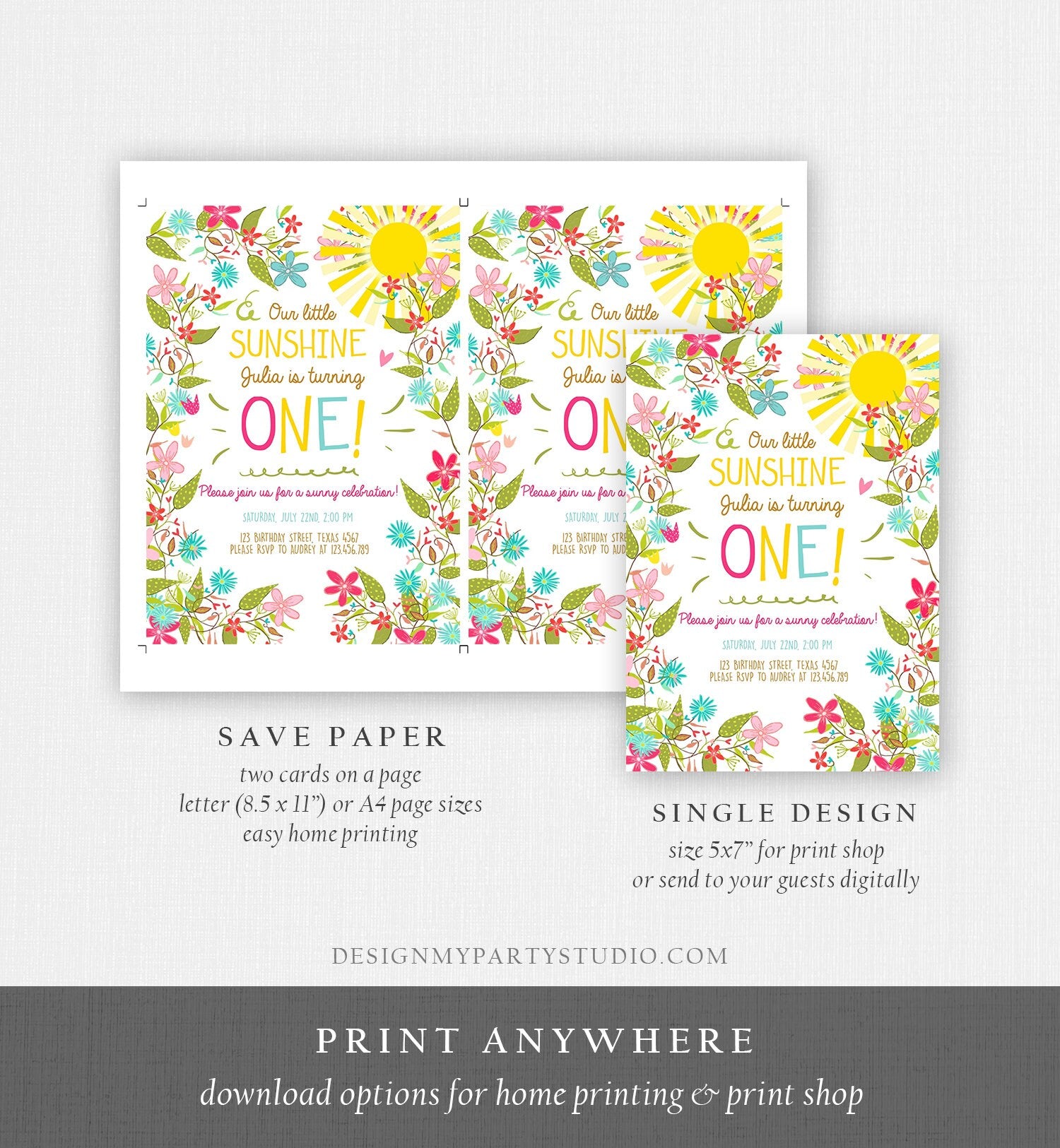 Editable Little Sunshine Birthday Invitation You Are My Sunshine Garden Girl Pink Floral Summer Download Printable Template Corjl 0213