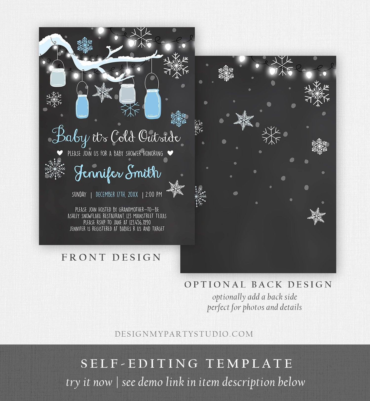 Editable Baby Its Cold Outside Baby Shower Invitation Mason Jars Blue Boy Shower Winter Snow Template Instant Download Digital Corjl 0012