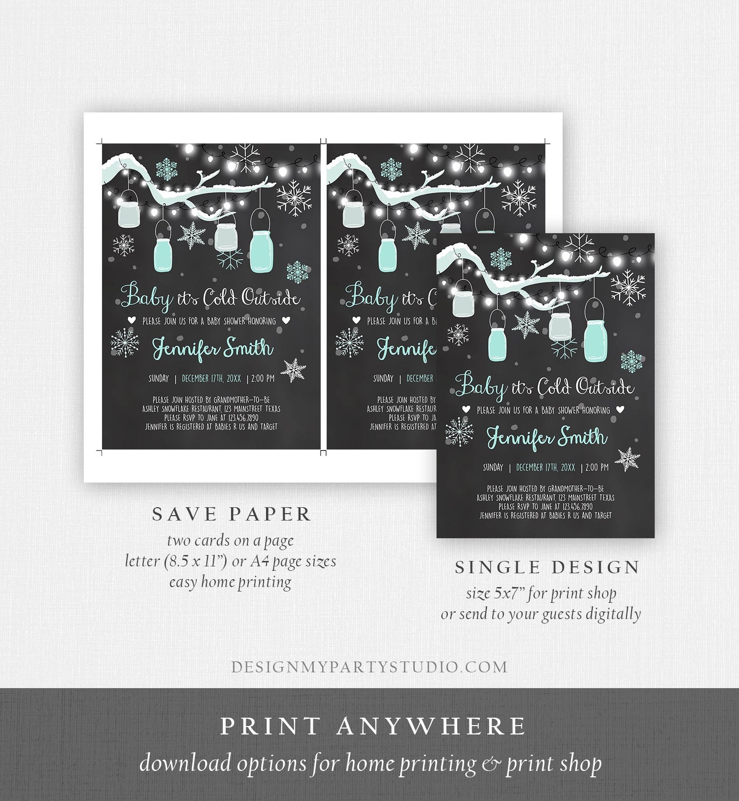 Editable Baby Its Cold Outside Baby Shower Invitation Mint Winter Snow Gender Neutral Invite Template Instant Download Digital Corjl 0012