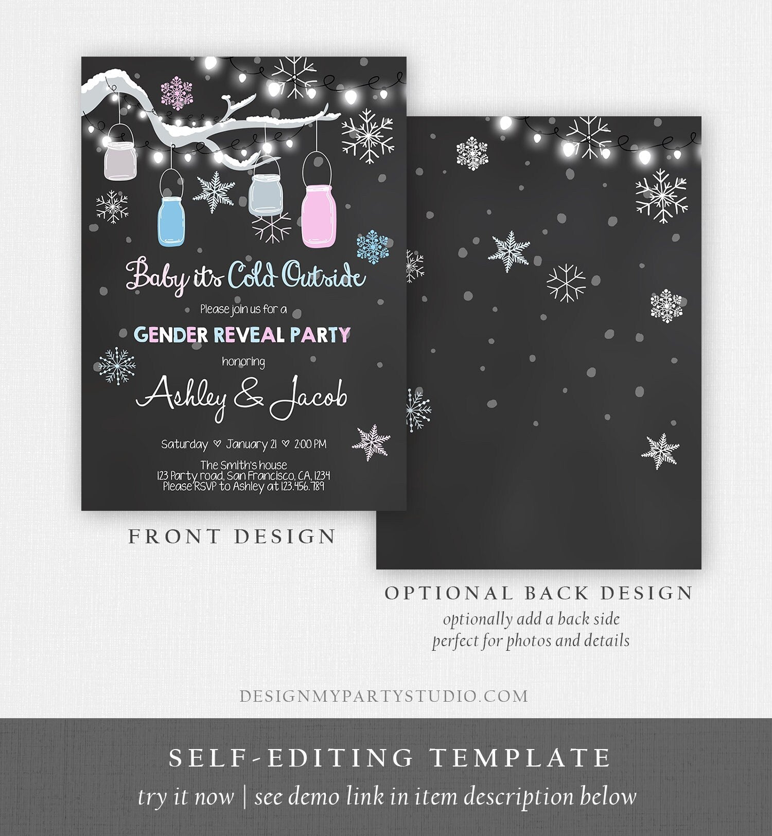 Editable Winter Gender Reveal Invitation Cold Outside Snow Boy or Girl He or She Chalk Rustic Template Invitation Download Corjl 0012