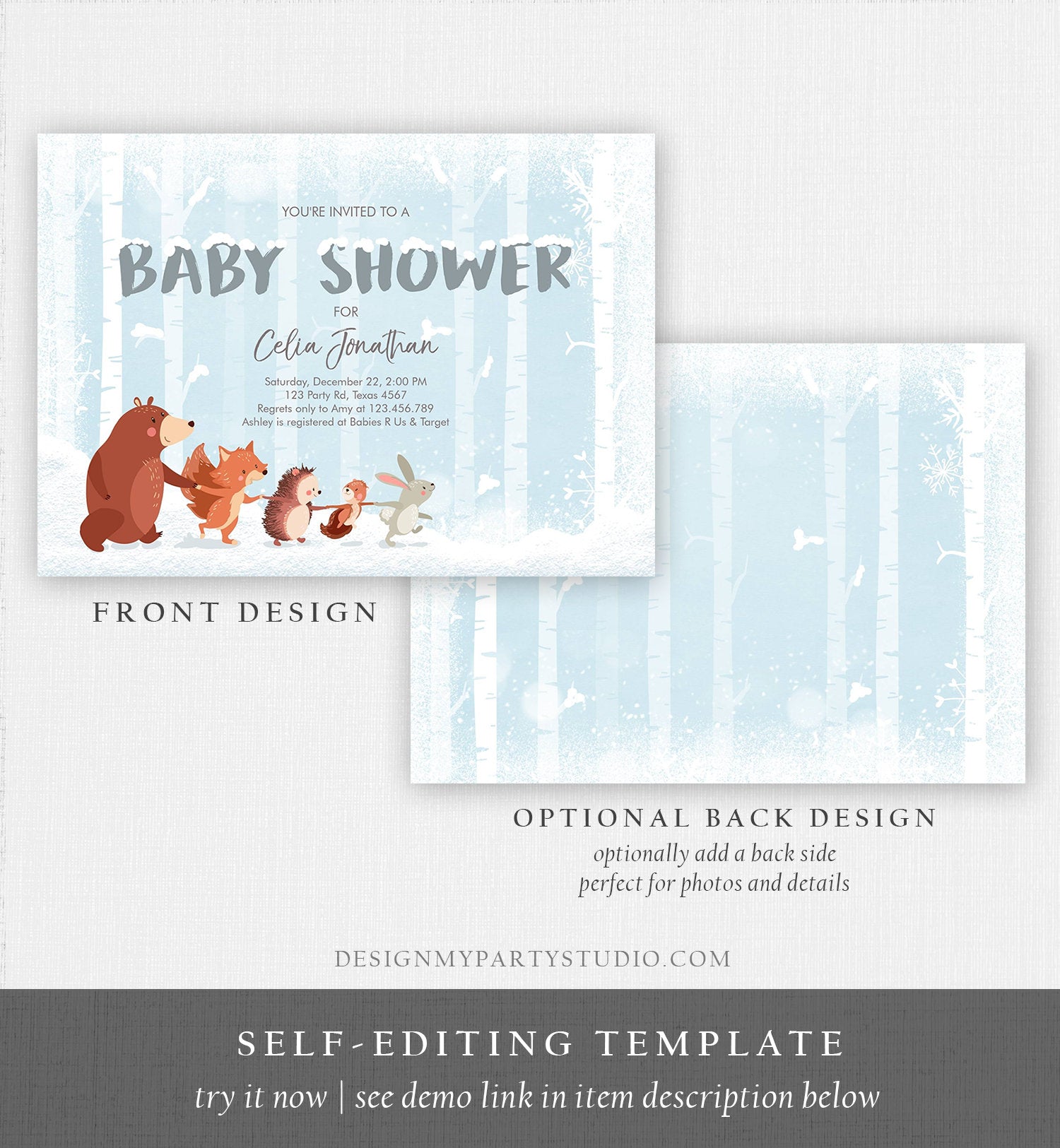 Editable Winter Woodland Baby shower invitation Boy Blue Forest Animals Bear Snowflakes Invite Rustic Template Download Digital Corjl 0040