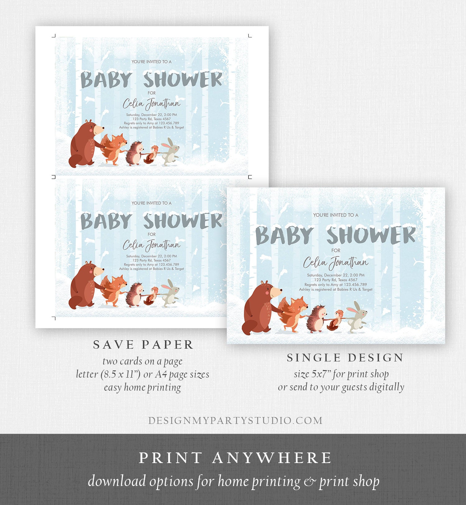 Editable Winter Woodland Baby shower invitation Boy Blue Forest Animals Bear Snowflakes Invite Rustic Template Download Digital Corjl 0040