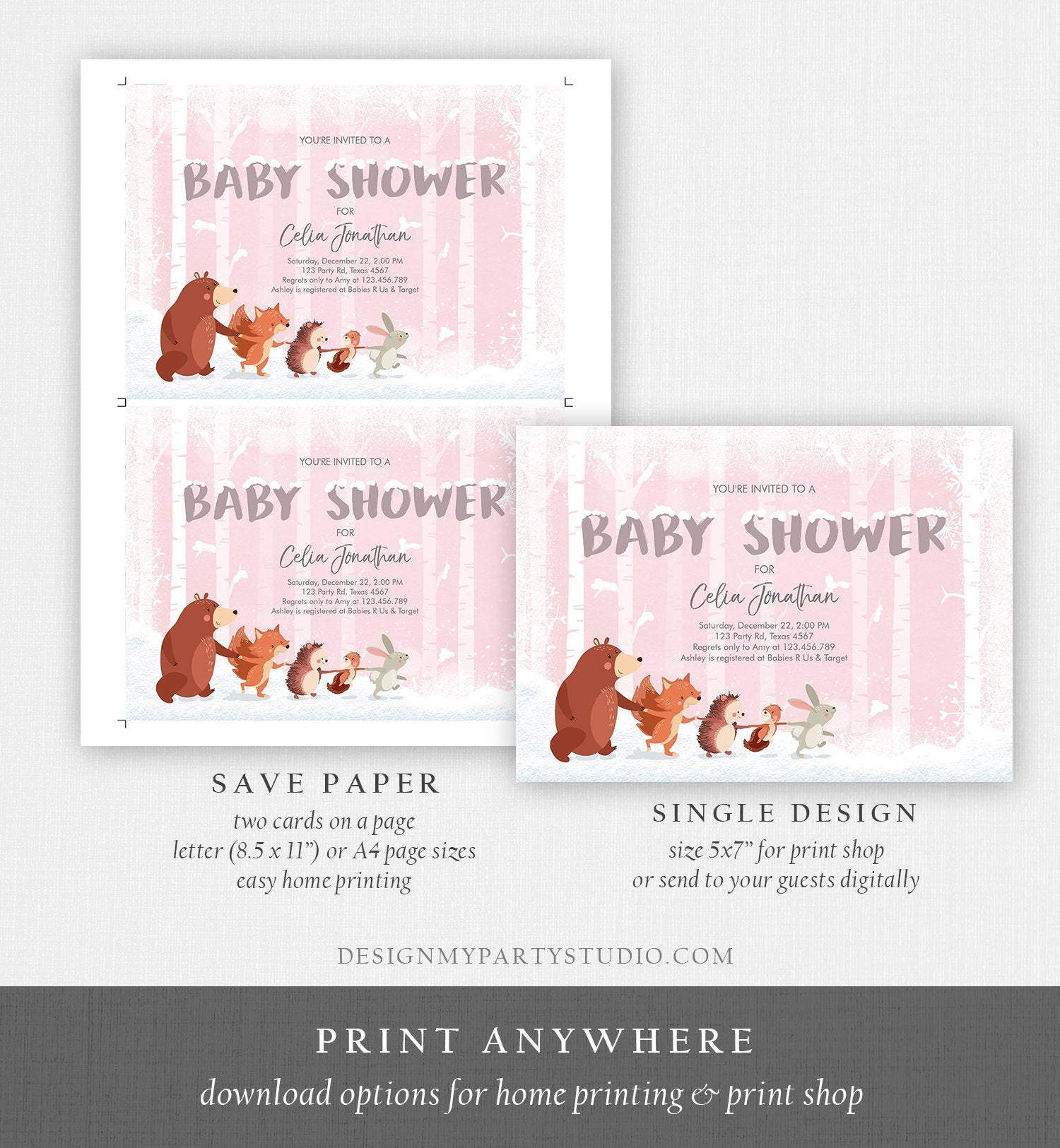 Editable Winter Woodland Baby shower invitation Girl Pink Forest Animals Bear Snowflakes Invite Rustic Template Download Digital Corjl 0040