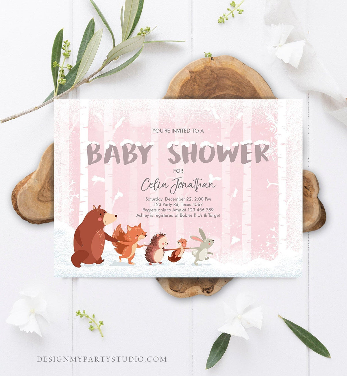 Editable Winter Woodland Baby shower invitation Girl Pink Forest Animals Bear Snowflakes Invite Rustic Template Download Digital Corjl 0040