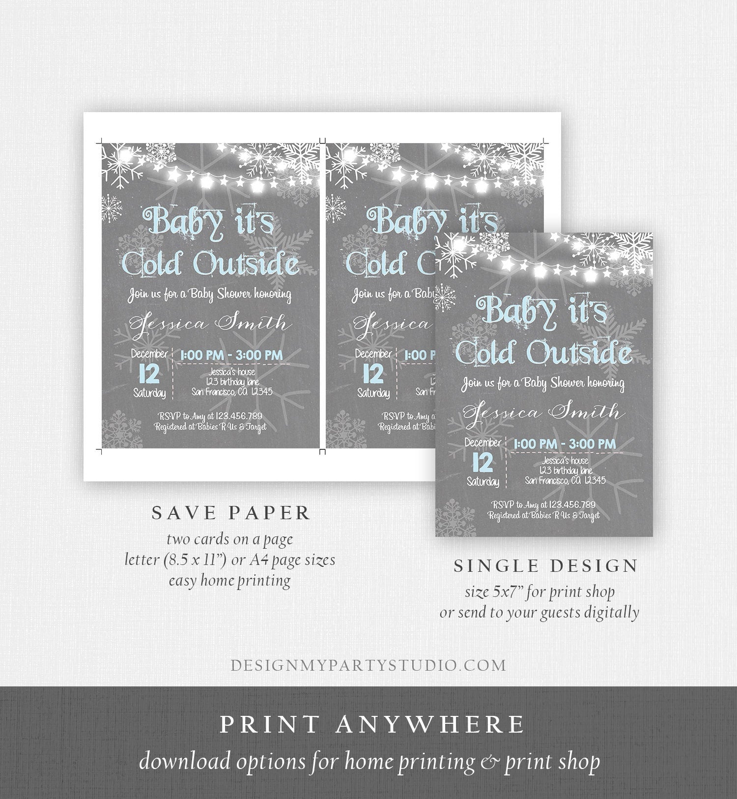 Editable Baby Its Cold Outside Baby Shower Invitation Boy Winter Blue Grey Snow Rustic Invite Template Instant Download Digital Corjl 0027