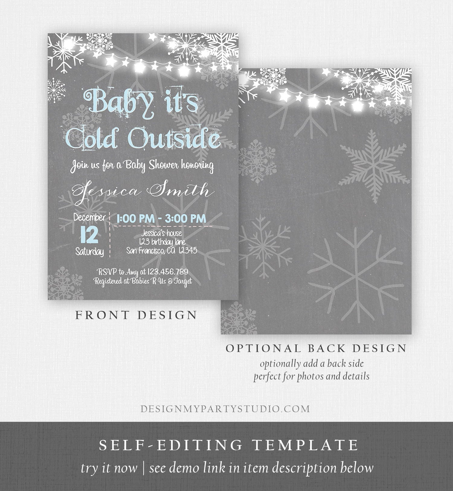 Editable Baby Its Cold Outside Baby Shower Invitation Boy Winter Blue Grey Snow Rustic Invite Template Instant Download Digital Corjl 0027