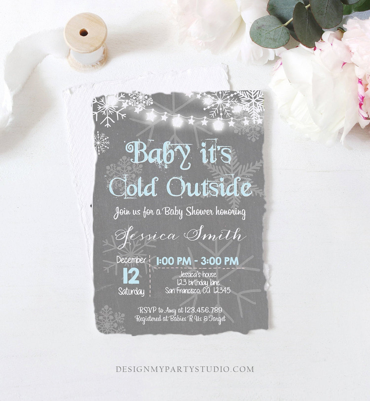 Editable Baby Its Cold Outside Baby Shower Invitation Boy Winter Blue Grey Snow Rustic Invite Template Instant Download Digital Corjl 0027