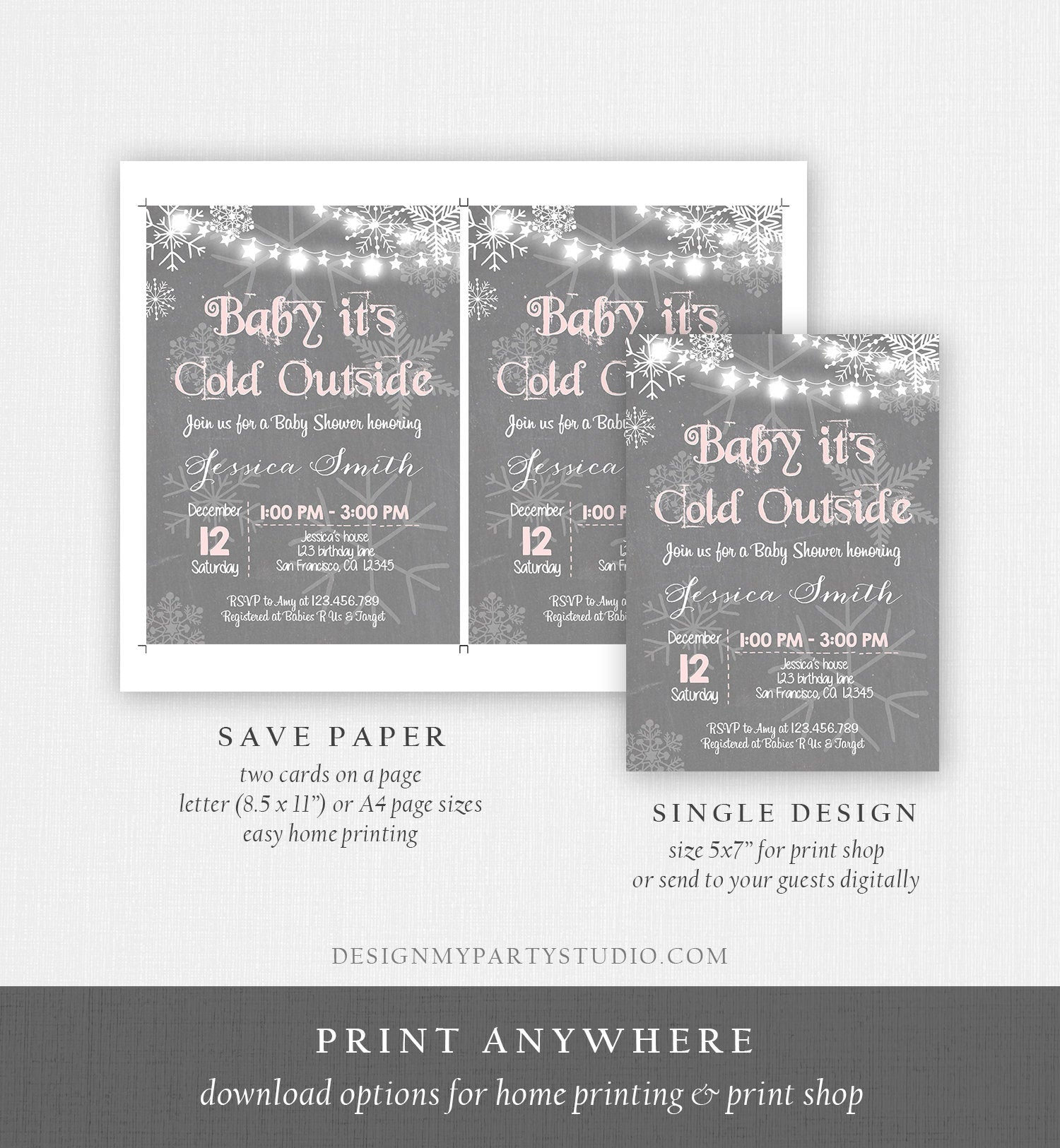 Editable Baby Its Cold Outside Baby Shower Invitation Girl Winter Pink Grey Snow Rustic Invite Template Instant Download Digital Corjl 0027