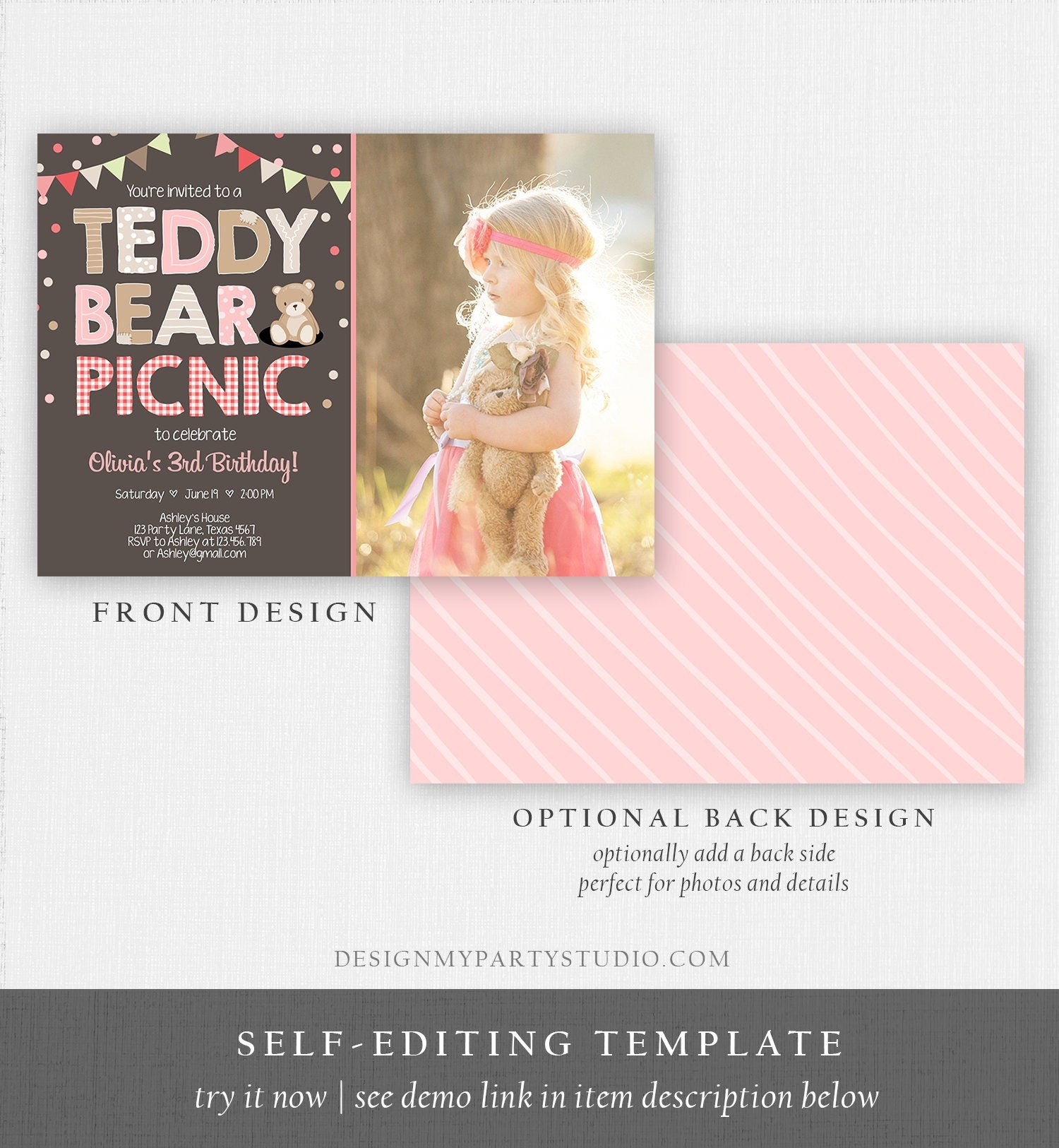 Editable Teddy Bear Picnic Birthday Invitation Pink Girl Brown Red Gingham Bear Picnic Outdoor Party Printable Digital Corjl Template 0100