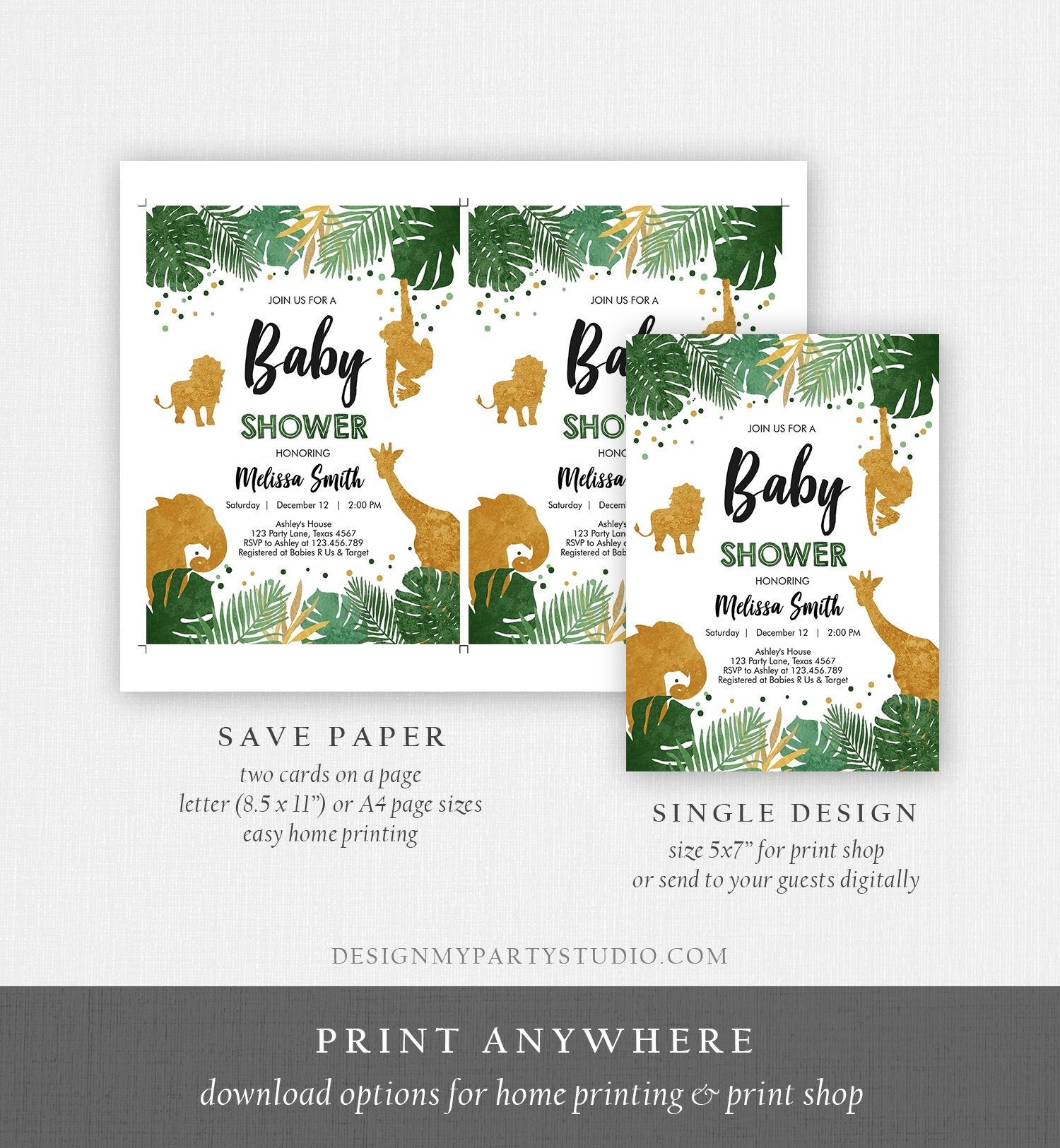 Editable Safari Animals Baby Shower Invitation Wild One Jungle Zoo Wild Animals Black Gold Boy Corjl Template Instant Download Digital 0016