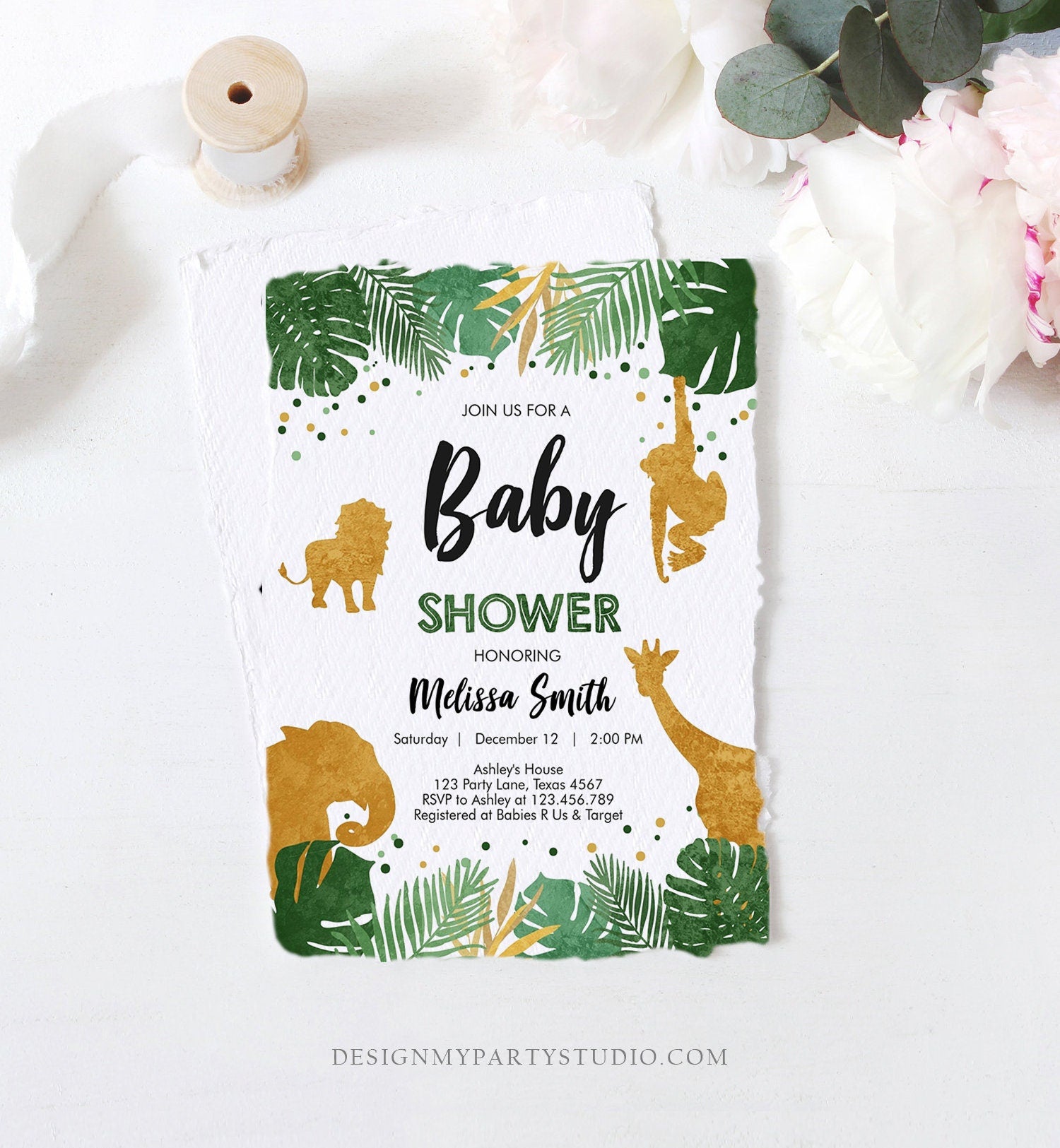 Editable Safari Animals Baby Shower Invitation Wild One Jungle Zoo Wild Animals Black Gold Boy Corjl Template Instant Download Digital 0016