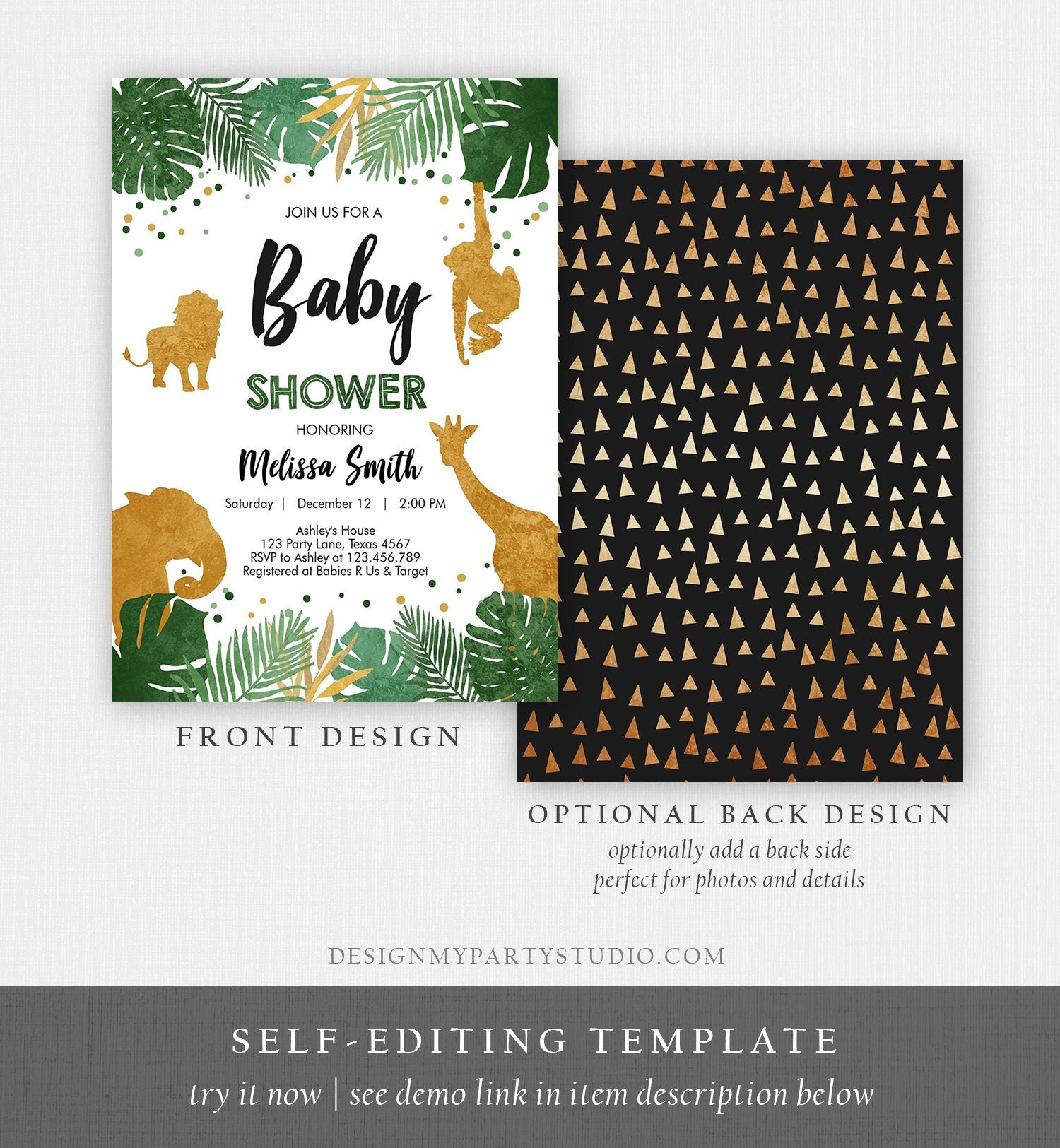 Editable Safari Animals Baby Shower Invitation Wild One Jungle Zoo Wild Animals Black Gold Boy Corjl Template Instant Download Digital 0016