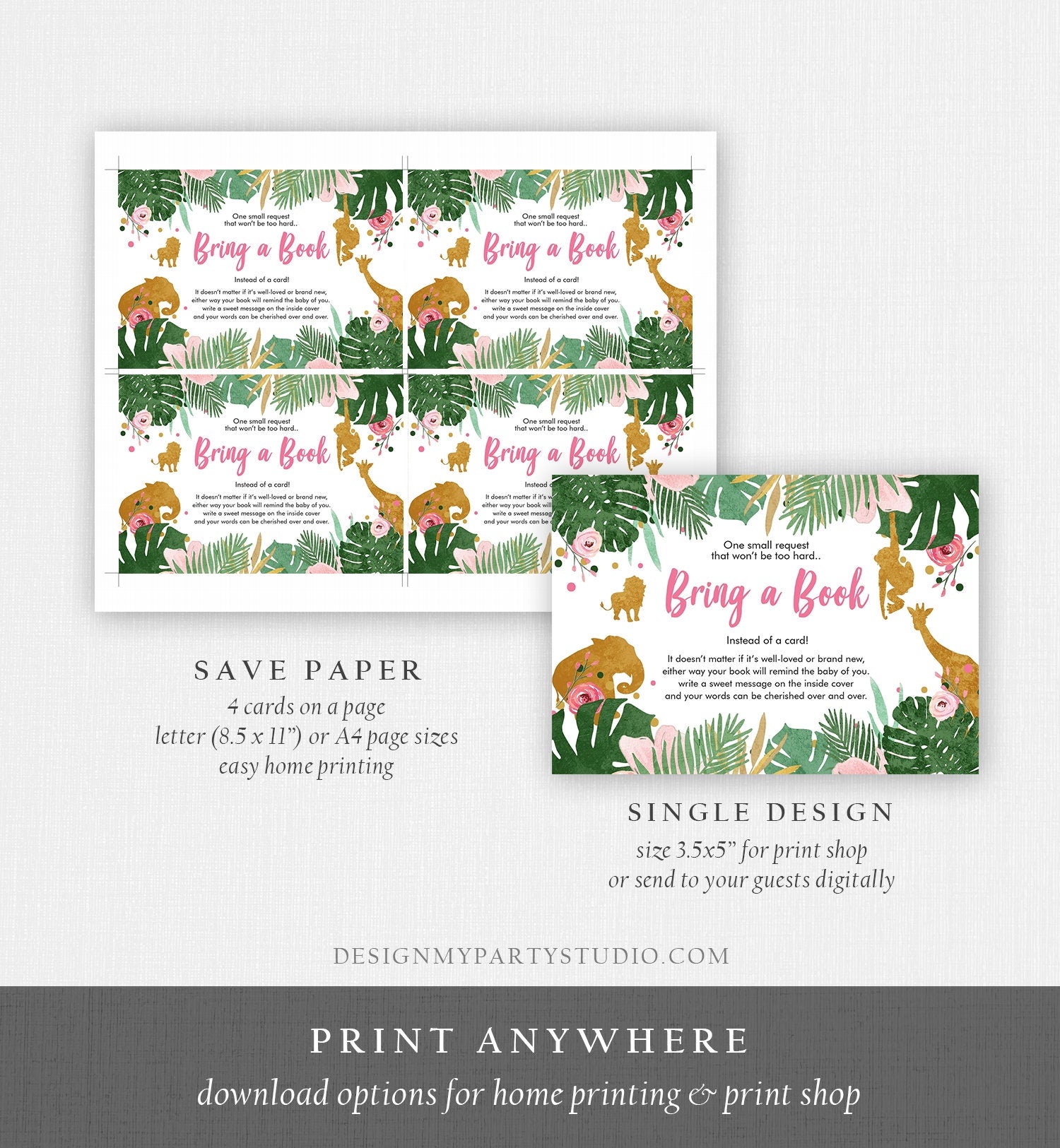 Editable Safari Animals Bring a Book Card Baby Shower Books for Baby Insert Wild One Pink Gold Jungle Zoo Corjl Template Printable 0016