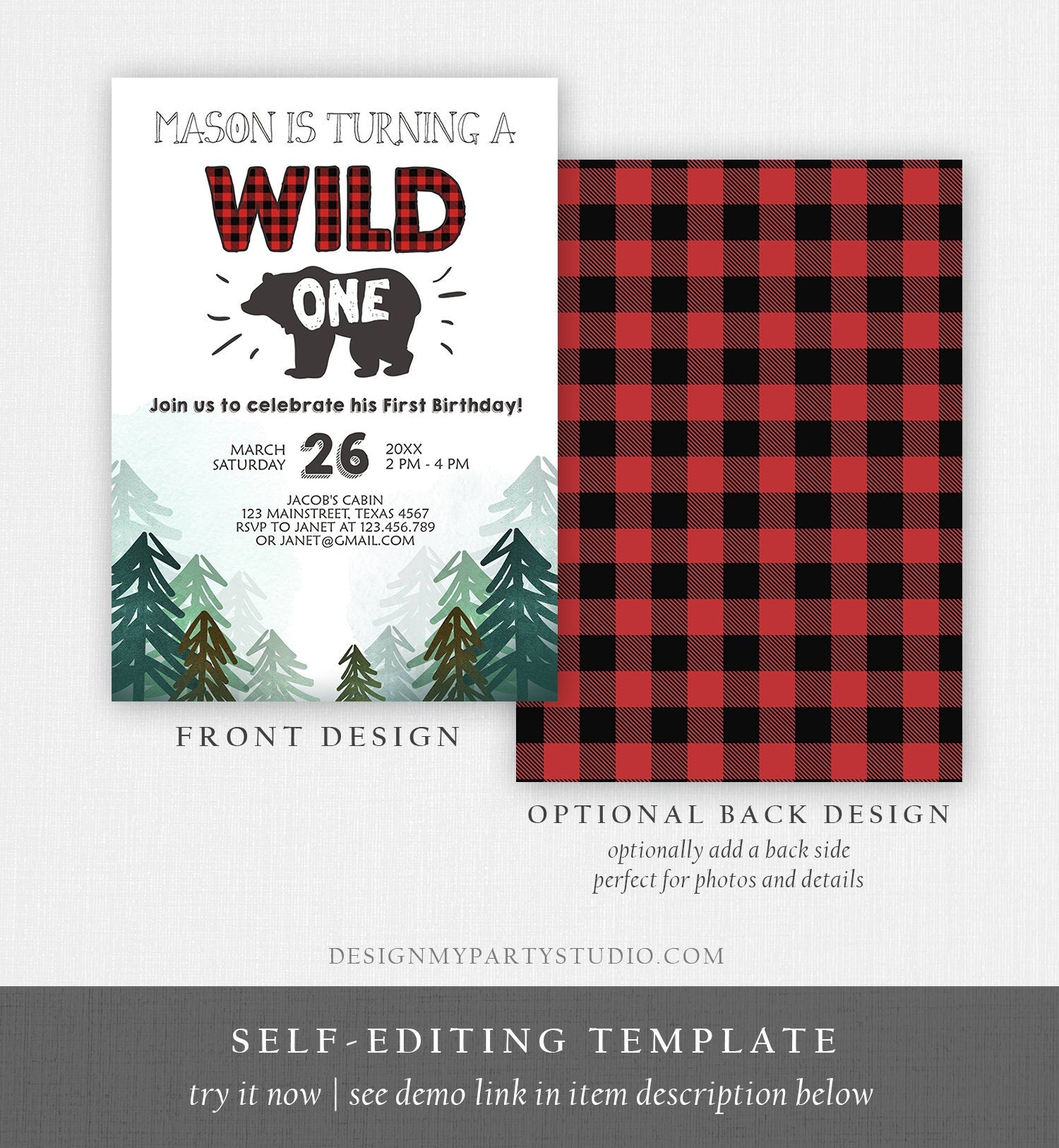 Editable Lumberjack Wild One Birthday Invitation First Birthday Forest Trees Red Plaid Outdoor Bear Boy 1st Printable Corjl Template 0377