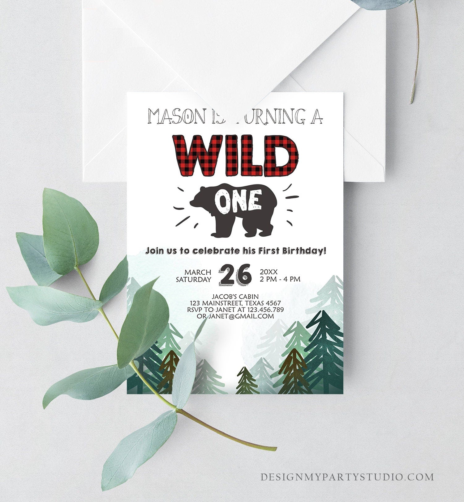 Editable Lumberjack Wild One Birthday Invitation First Birthday Forest Trees Red Plaid Outdoor Bear Boy 1st Printable Corjl Template 0377