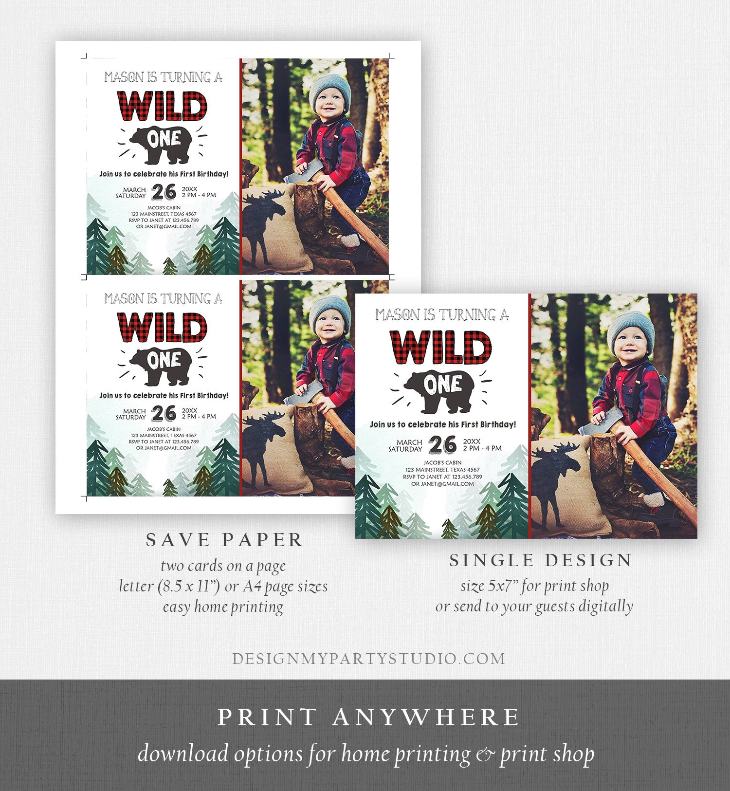 Editable Lumberjack Wild One Birthday Invitation First Birthday Forest Trees Red Plaid Outdoor Bear Boy 1st Printable Corjl Template 0377