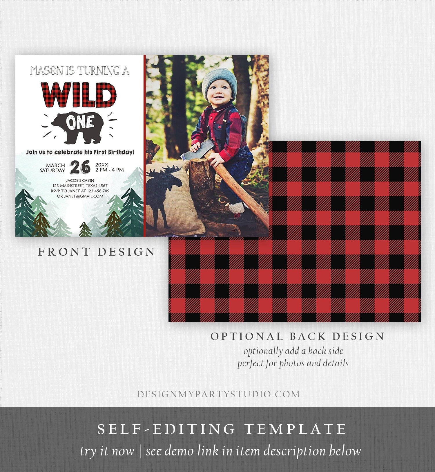 Editable Lumberjack Wild One Birthday Invitation First Birthday Forest Trees Red Plaid Outdoor Bear Boy 1st Printable Corjl Template 0377