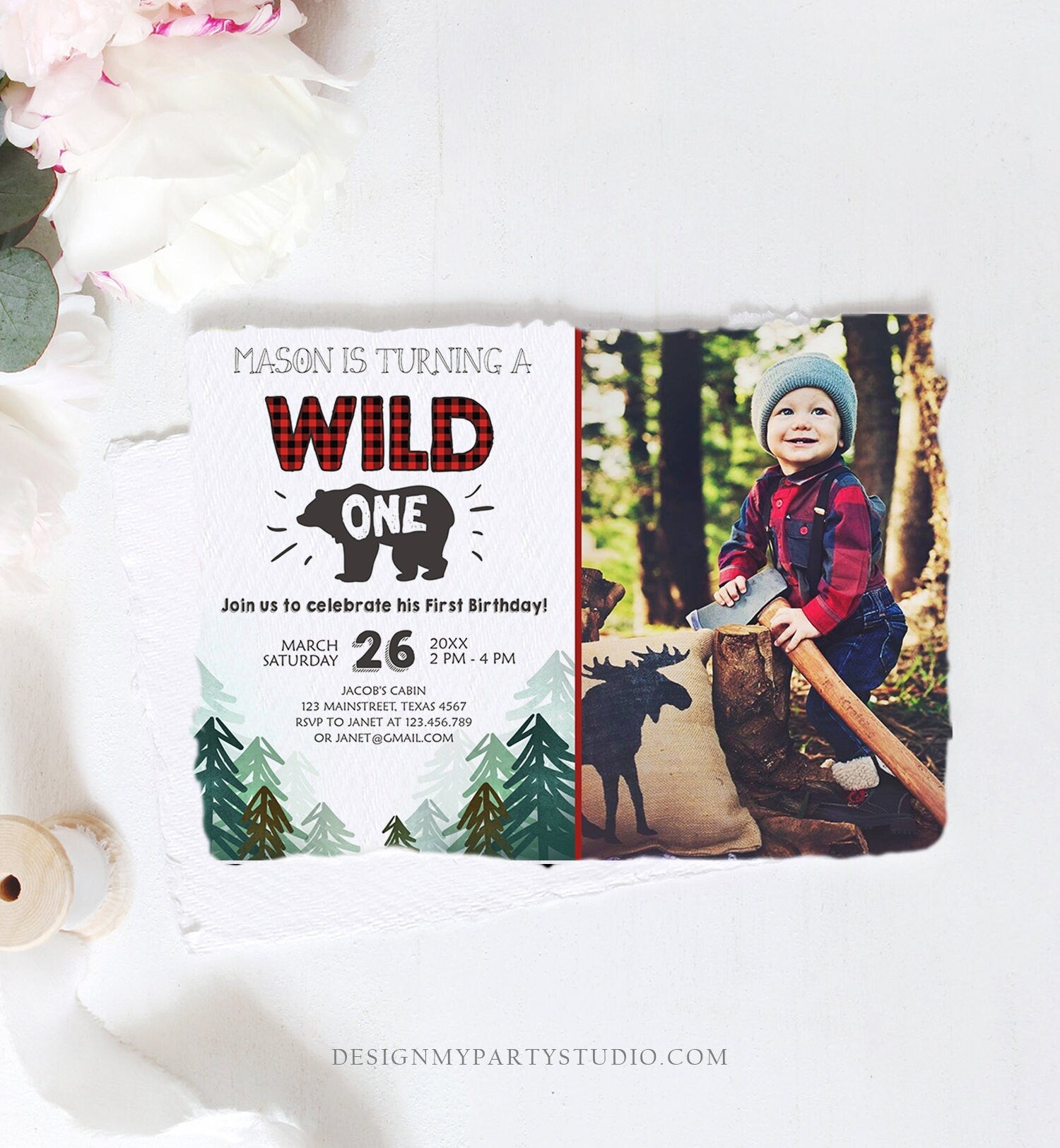 Editable Lumberjack Wild One Birthday Invitation First Birthday Forest Trees Red Plaid Outdoor Bear Boy 1st Printable Corjl Template 0377