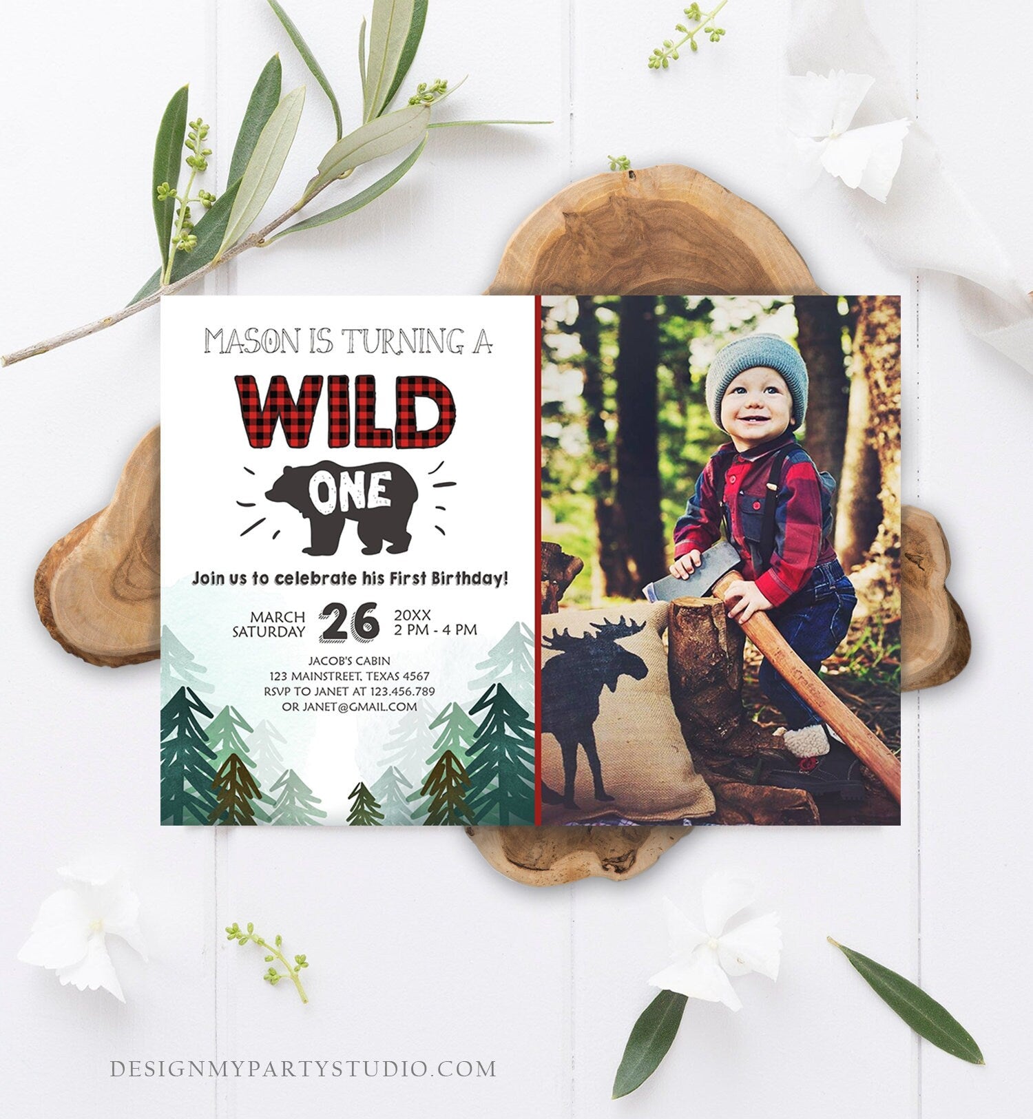 Editable Lumberjack Wild One Birthday Invitation First Birthday Forest Trees Red Plaid Outdoor Bear Boy 1st Printable Corjl Template 0377